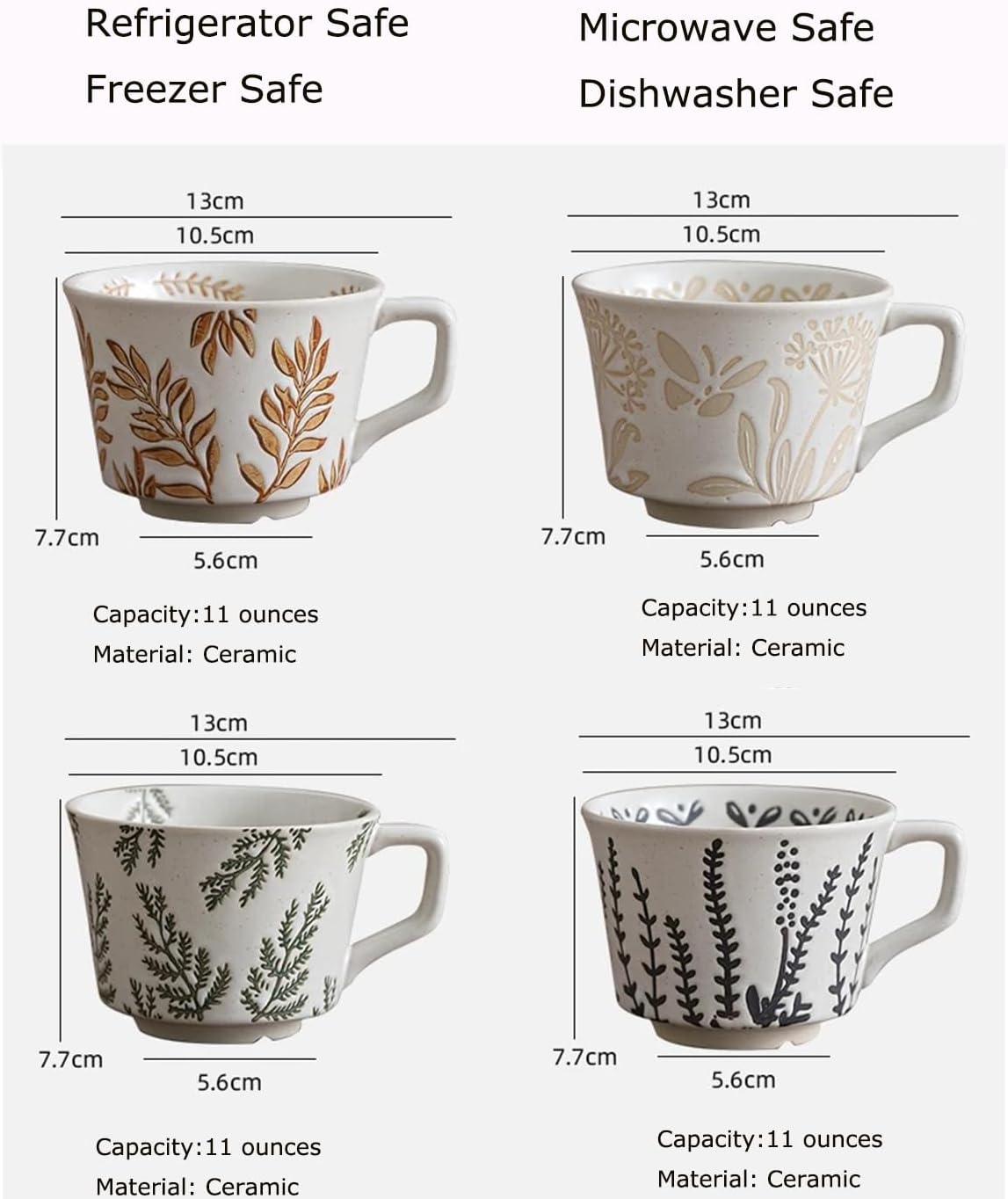 Ceramic Mug Set of 4 with Coffee Spoon, 11oz - Vintage Coffee Mug Cups for Coffee Milk Latte Cappuccino Tea, Porcelain Coffee Cups Dishwasher Microwave Freezer Safe Stoneware