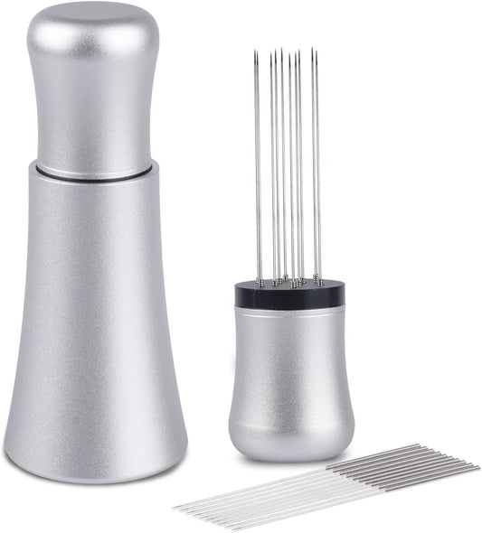 WDT tool, Espresso Distribution tools, 10 x 0.35mm 304 Stainless Steel Needles Installed with 10 Extra needles for Espresso Stirrer Replacement, Aluminum Alloy Handle with Stand (Matte Silver)