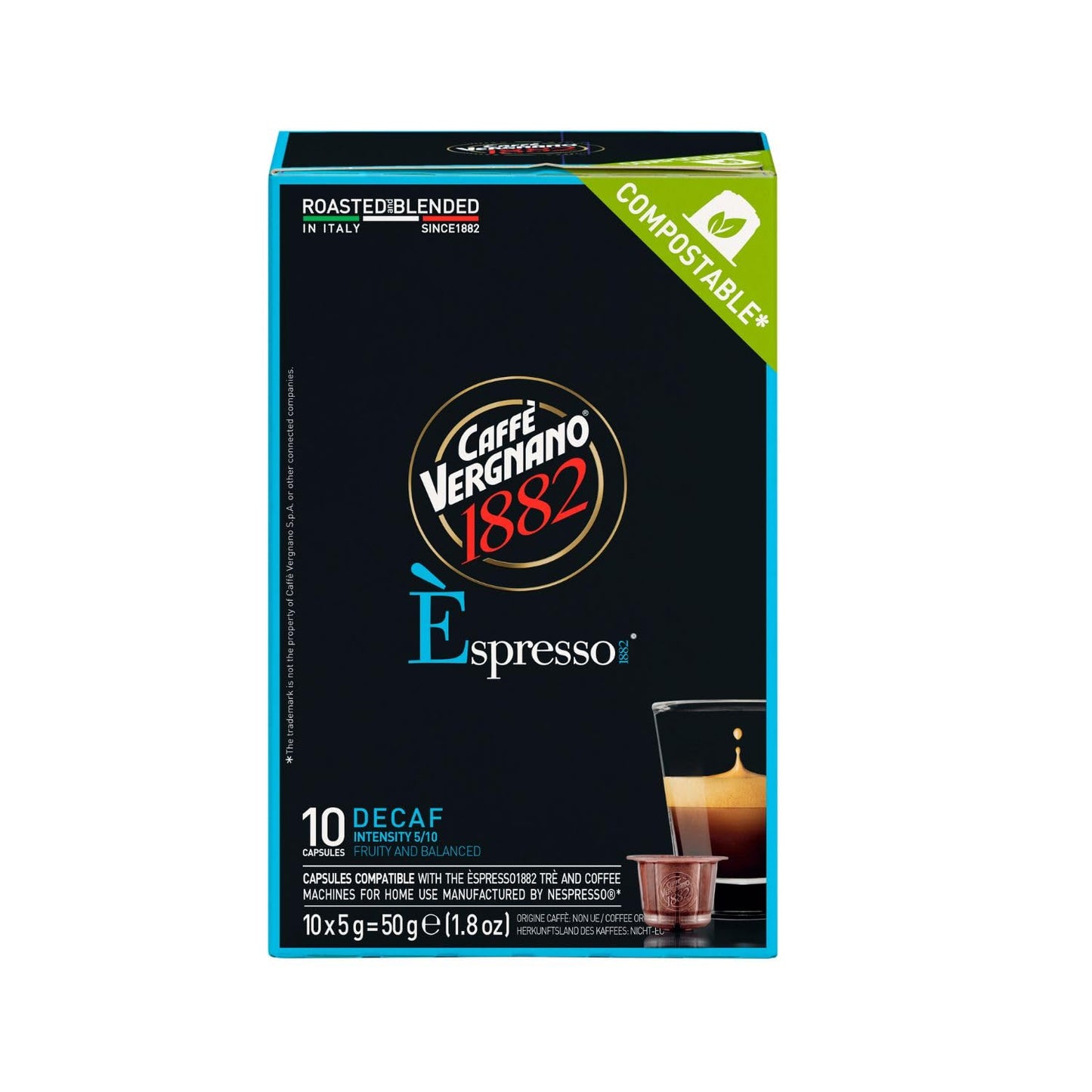 Caffe' Vergnano Decaf Medium Roast Espresso Original Line Machine Compatible Capsules - Arabica Robusta Espresso Coffee, Italian Coffee Machines, Intensity 5/10 - Decaffeinato, 120 Ct