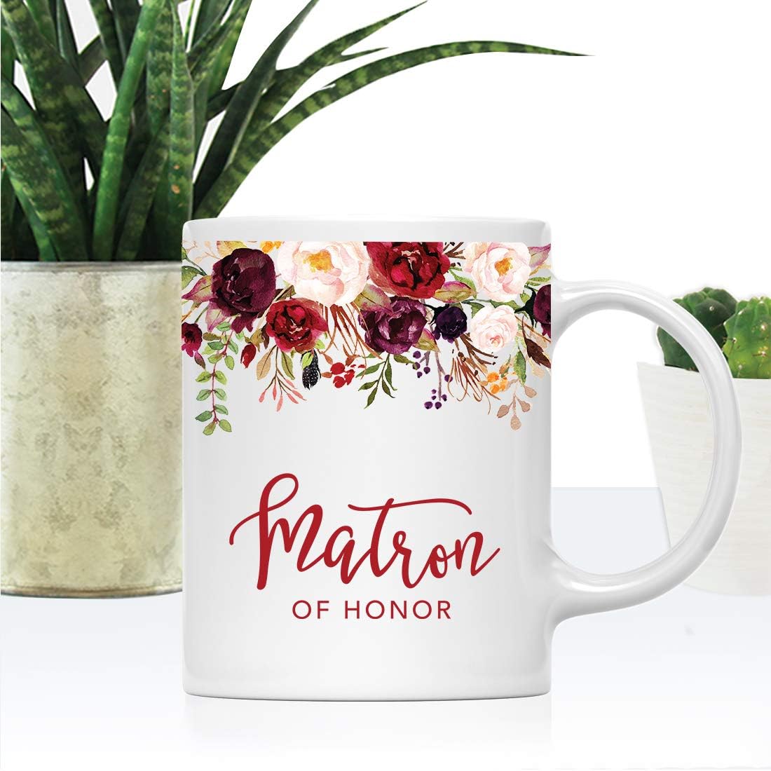 Andaz Press 11oz. Wedding Ceramic Coffee Tea Mug Gift, Fall Autumn Marsala Burgundy Flowers Roses Florals, Matron of Honor, 1-Pack, Includes Gift Box