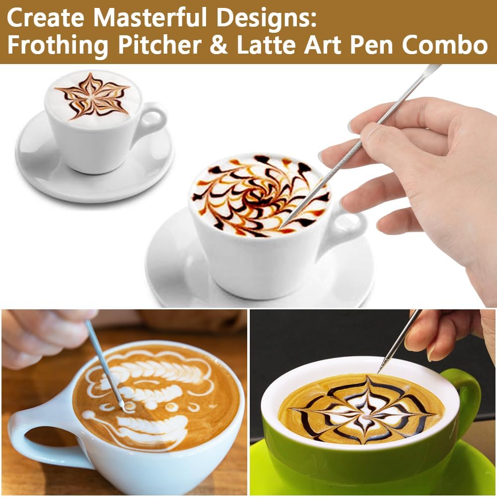 Frothing Milk Pitcher, 12 oz/350 ml Stainless Steel Frothing Milk Jug with Latte Art Pen,with Internal Measurements, for Cappuccino, Espresso and More
