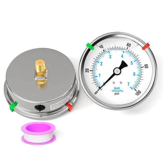 0-100PSI Stainless Steel Liquid Filled Pressure Gauge, 4" Dial Size, 1/4" NPT Back Mount, for Tube, Water Pump, Gas, Liquid, Pressure Test (with Range Mark Pointer)