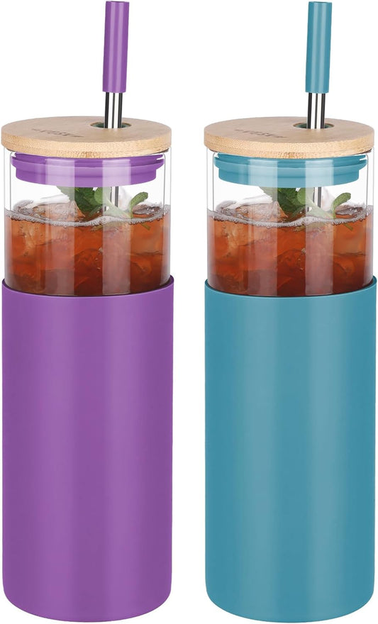 Glass Tumbler w/Lids & Straw: 24 oz Reusable Glass Cup w/Bamboo Lid, Stainless Steel Straws, BPA-Free, Leak-Proof, Dishwasher Safe for Coffee/Smoothies/Hot Beverage, Travel/Office/Home Use, 2-Pk