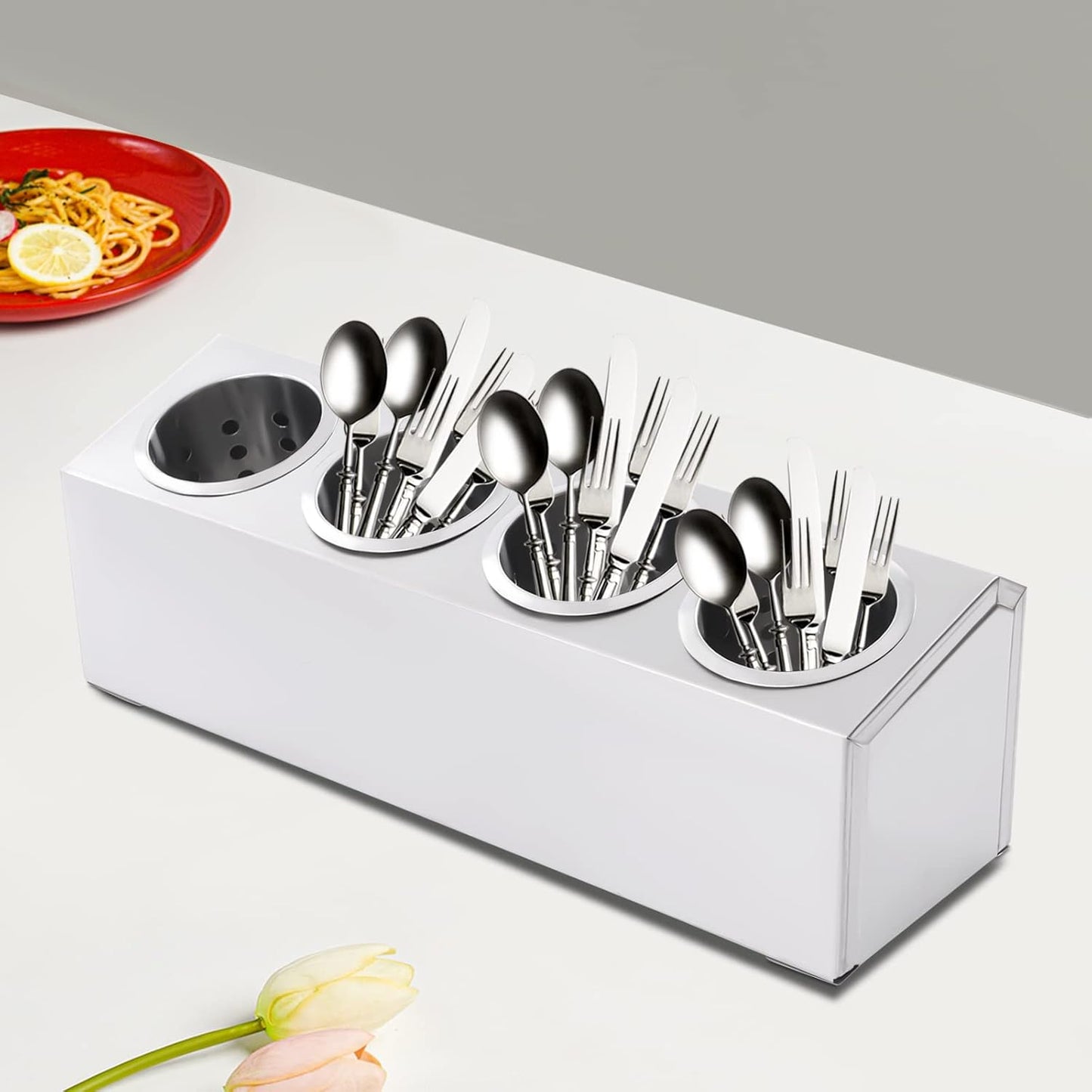 Stainless Steel Flatware Utensil Holder, Commercial Cylinder Silverware Organizer for Countertop Restaurant, 4-Hole