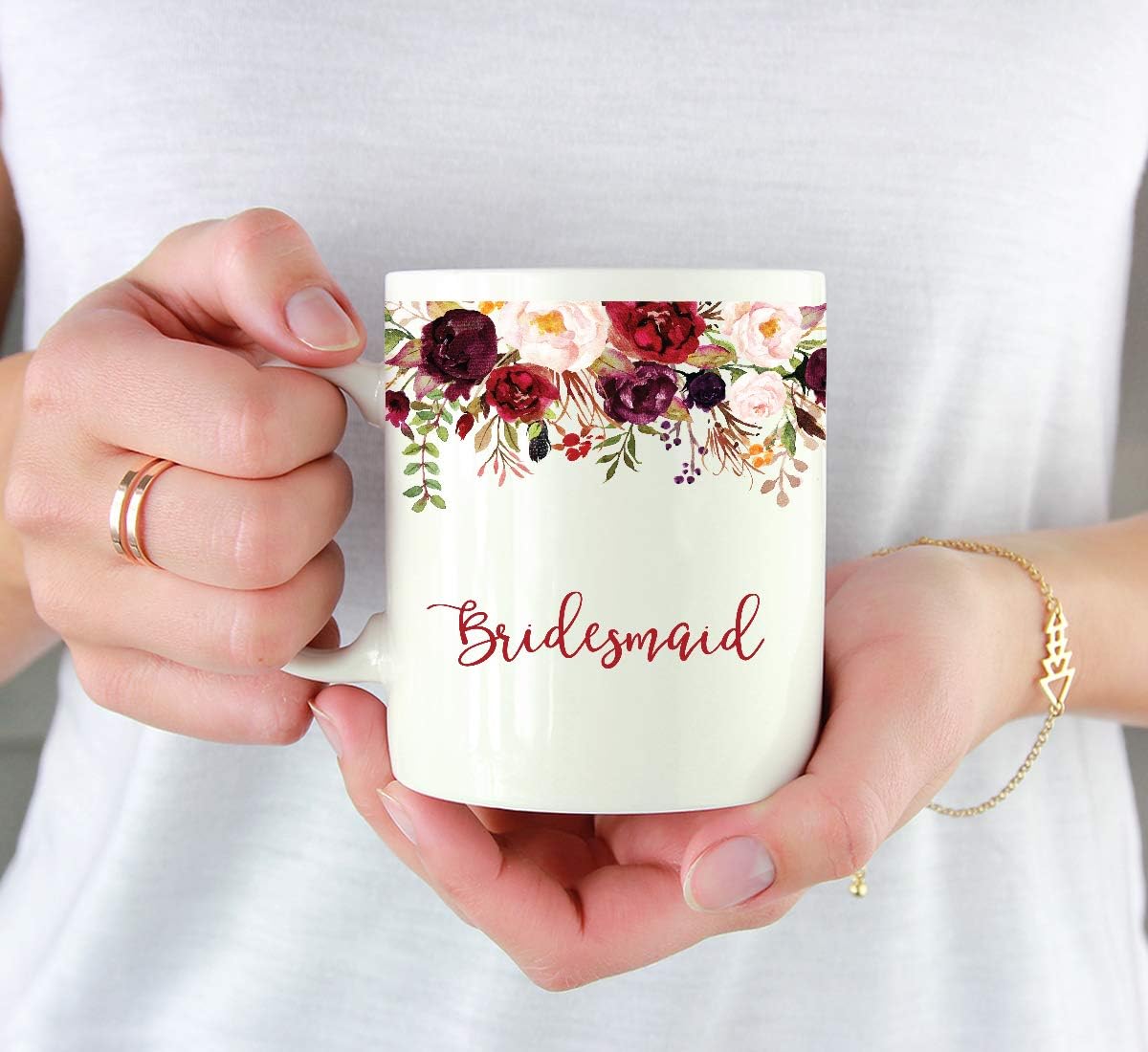 Andaz Press 11oz. Wedding Ceramic Coffee Tea Mug Gift, Fall Autumn Marsala Burgundy Flowers Roses Florals, Bridesmaid, 1-Pack, Includes Gift Box