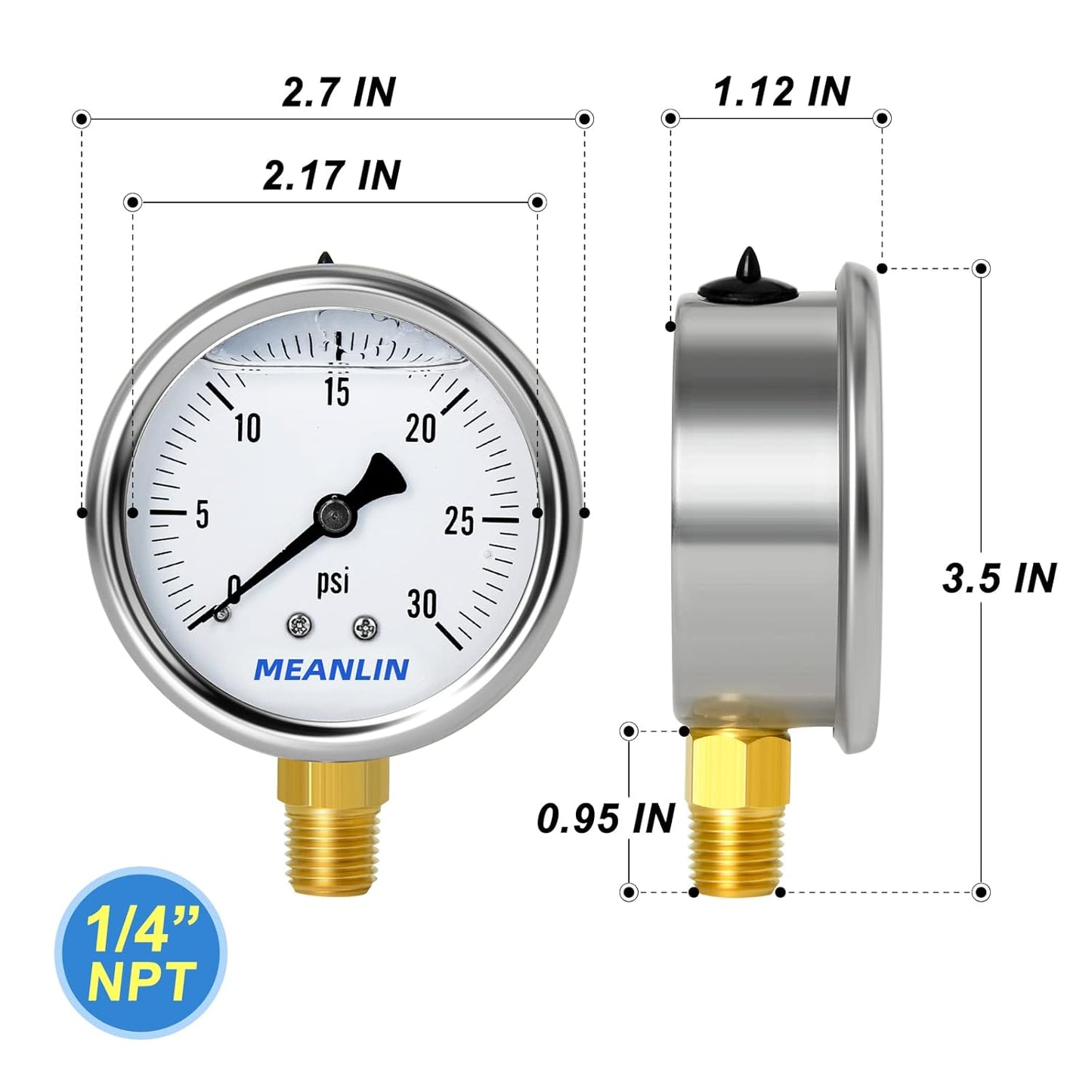 MEANLIN MEASURE 0~30Psi Stainless Steel 1/4" NPT 2.5" Single Scale FACE DIAL,Glycerin Filled Pressure Gauge, WOG Water Oil Air Lower Mount, with 1/4" x 1/2" NPT and 1/4" x 3/8" NPT Hex Bushing