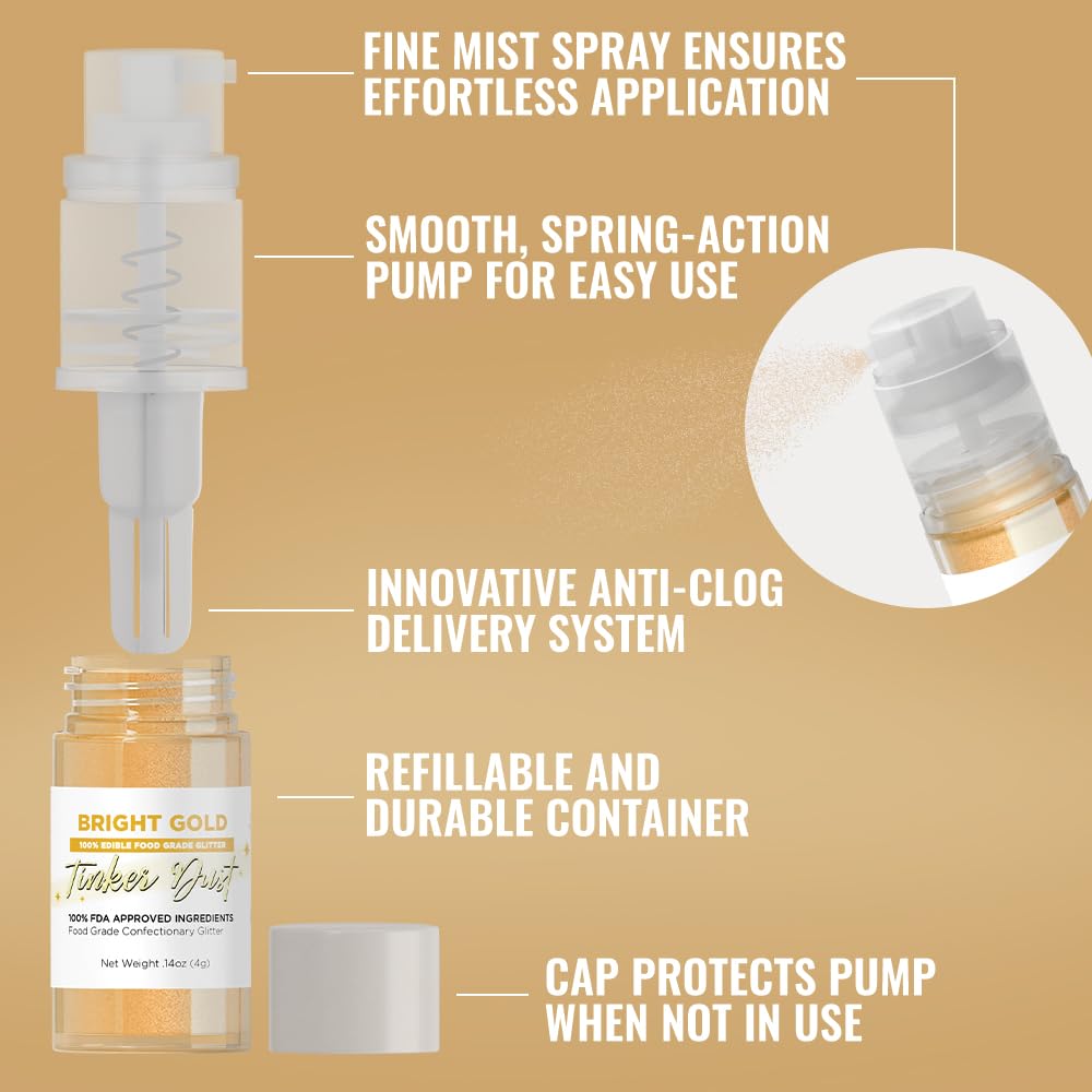 Bakell - Bright Gold Tinker Dust (4g, 1x Mini Spray Pump) Edible Glitter for Food, Desserts, and Beverages!