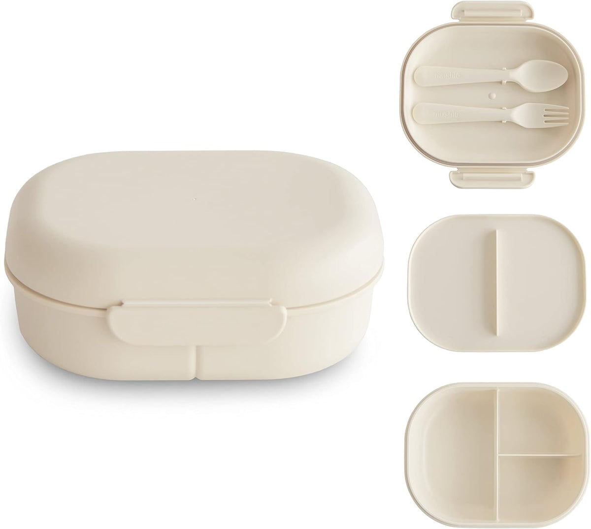mushie Kids Bento Lunch Box | 3-Compartment & Removable Divider + Fork & Spoon Utensils | Great For Meals, School, Snacks On-the-Go | Dishwasher Safe (Ivory)