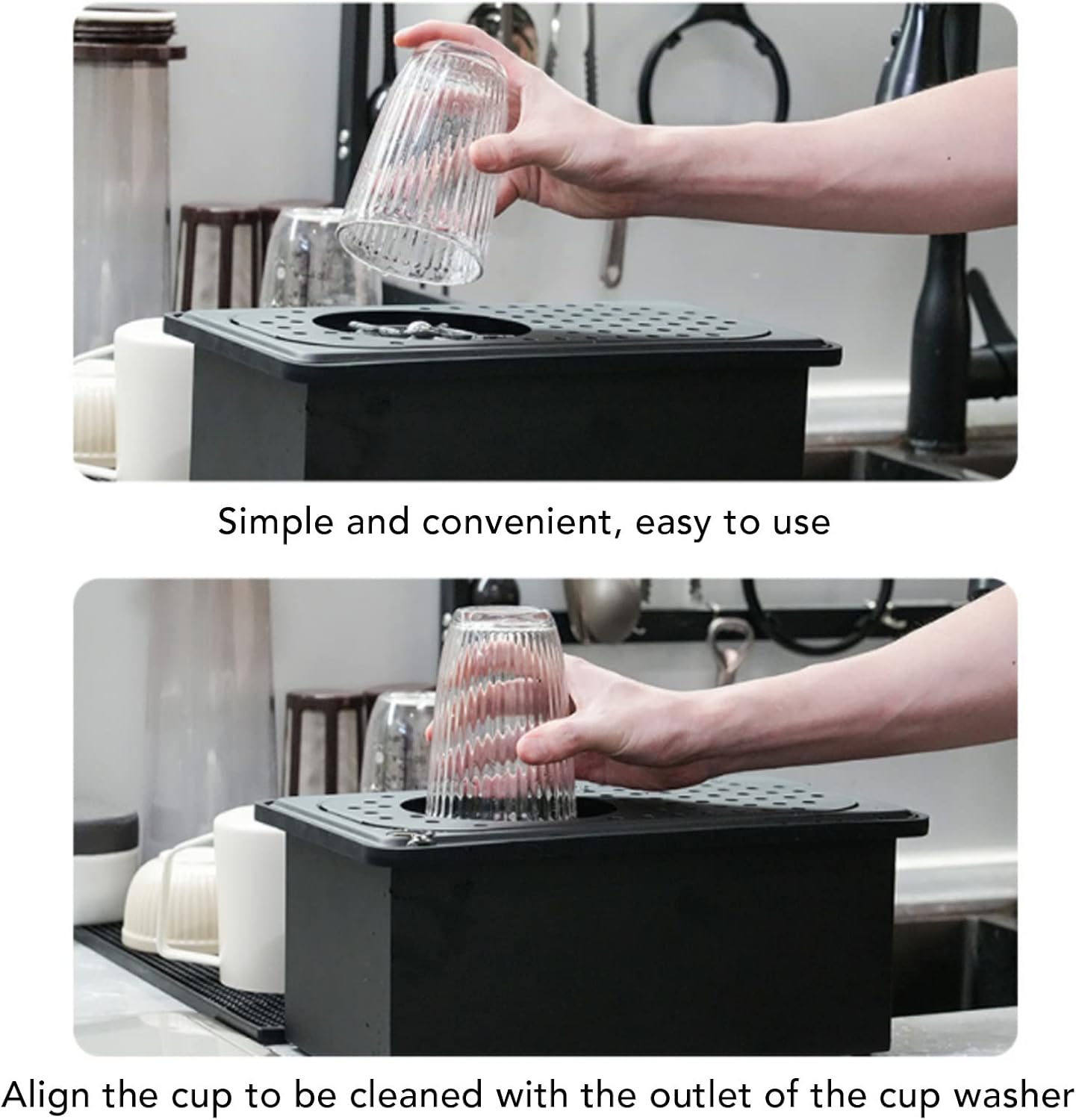Pitcher Rinser, Stainless Steel Kitchen Sink Glass Rinser with Drain and Drip Tray, Countertop Automatic Cup Washer for Bar, Home, Cafe, Restaurant, Household & Commercial (Black) (Large)