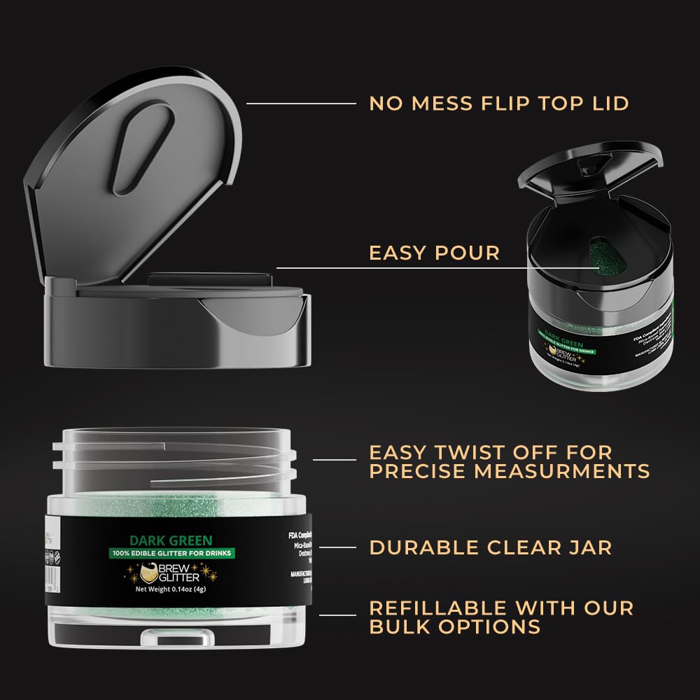 Brew Glitter Dark Green Edible Drink Glitter 1x 4g Jar for Cocktails, Beer, & Beverages