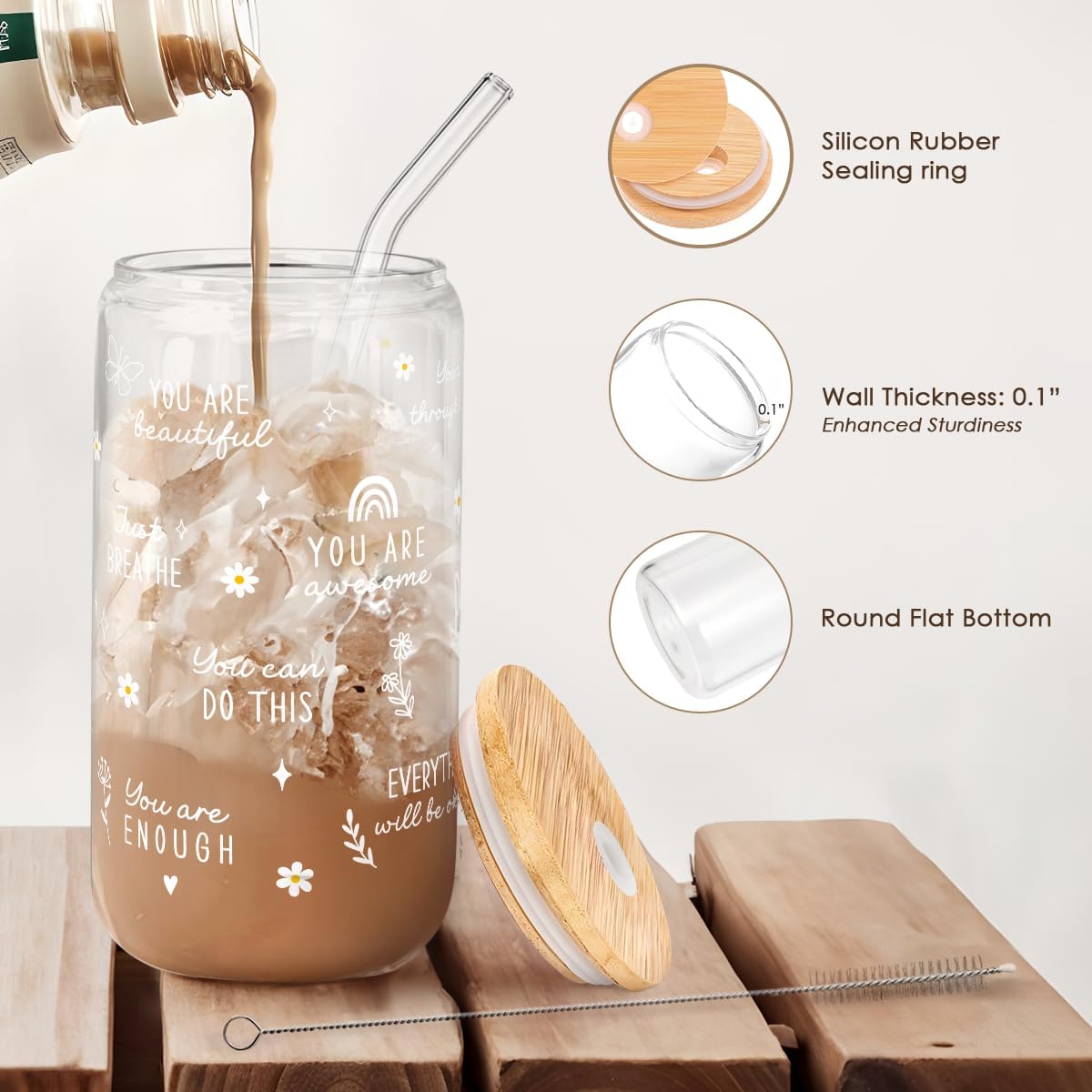 SANDJEST Inspiration Glass Can, Positive Motivational Cup with Lid & Straw, Iced Coffee Aesthetic Cups, Gift for Christmas Birthday Mother Day, Gifts for Women, 16oz