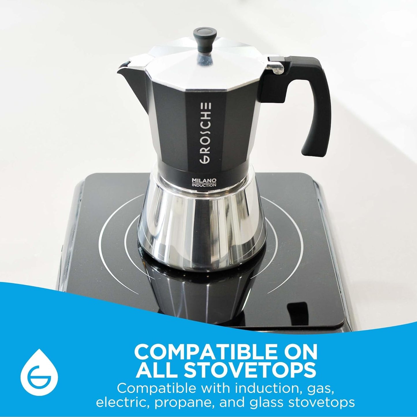 GROSCHE Milano Induction Stovetop Espresso Maker Moka Pot for Greca, Induction, Electric & Gas Stoves, Dishwasher Safe Stovetop Espresso Maker | 9 Espresso Cup, Black