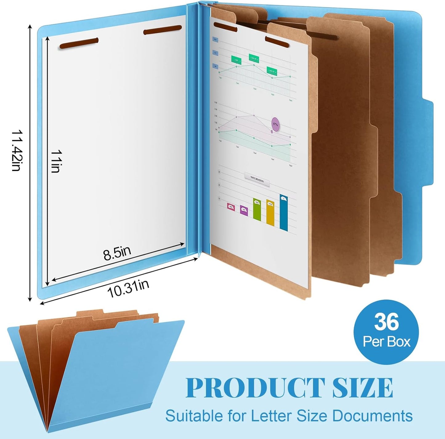 36 Pcs Classification Folders Letter Size, Back to School Supply for Teacher, Student, 3 Dividers Pressboard File Folder Bulk with 2 Fasteners, 3.5 Inch Expanding File Organizer (Blue)