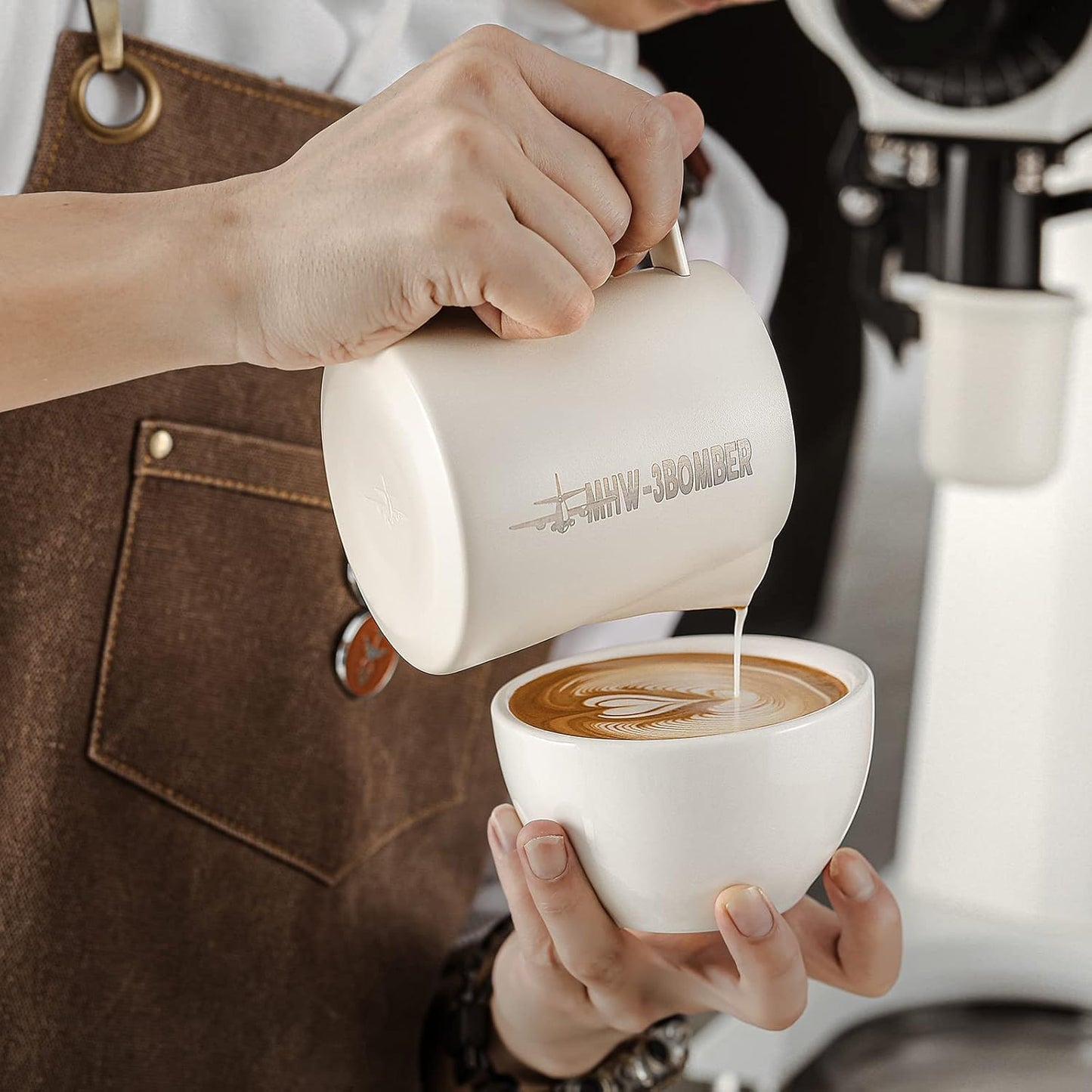 MHW-3BOMBER Latte Art Pitcher Stainless Steel Milk Frothing Pitcher Steamed Espresso Cup Barista Pitcher (Cream White, 16.9oz/500ml) P5020W-OS