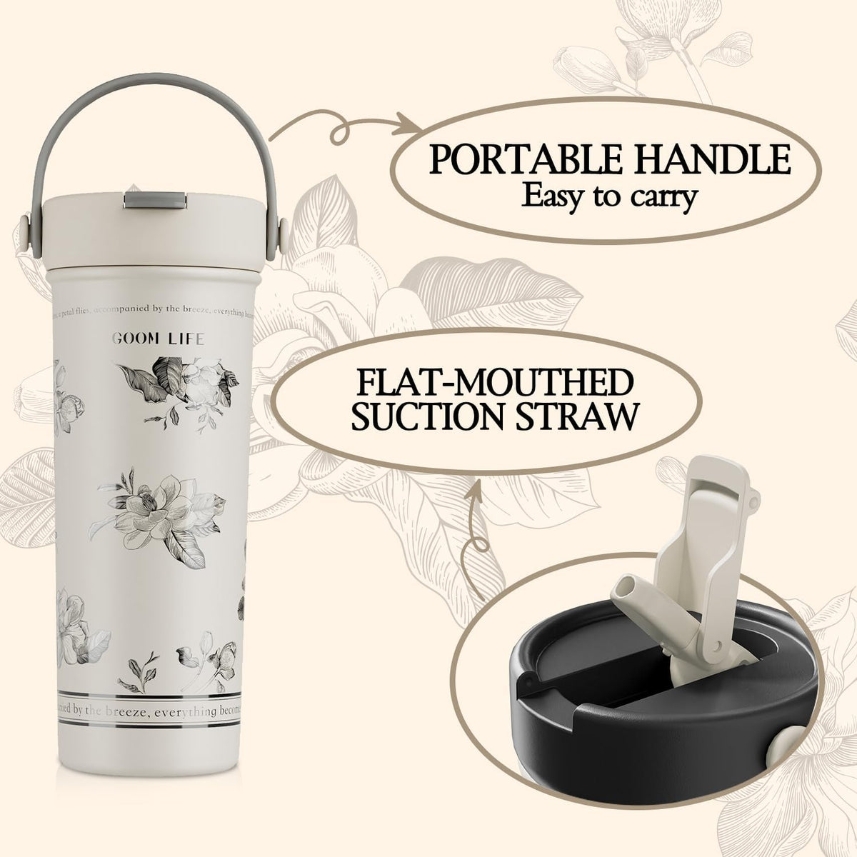 GOOM 20 oz Spill Proof Tumbler with Lid and Straw, Top Handle, Extended Tea Infuser, 18/10 Stainless Steel, Insulated Hot & Cold Brew Gifts for Mom Women Her, Teacher Gifts - Floral White