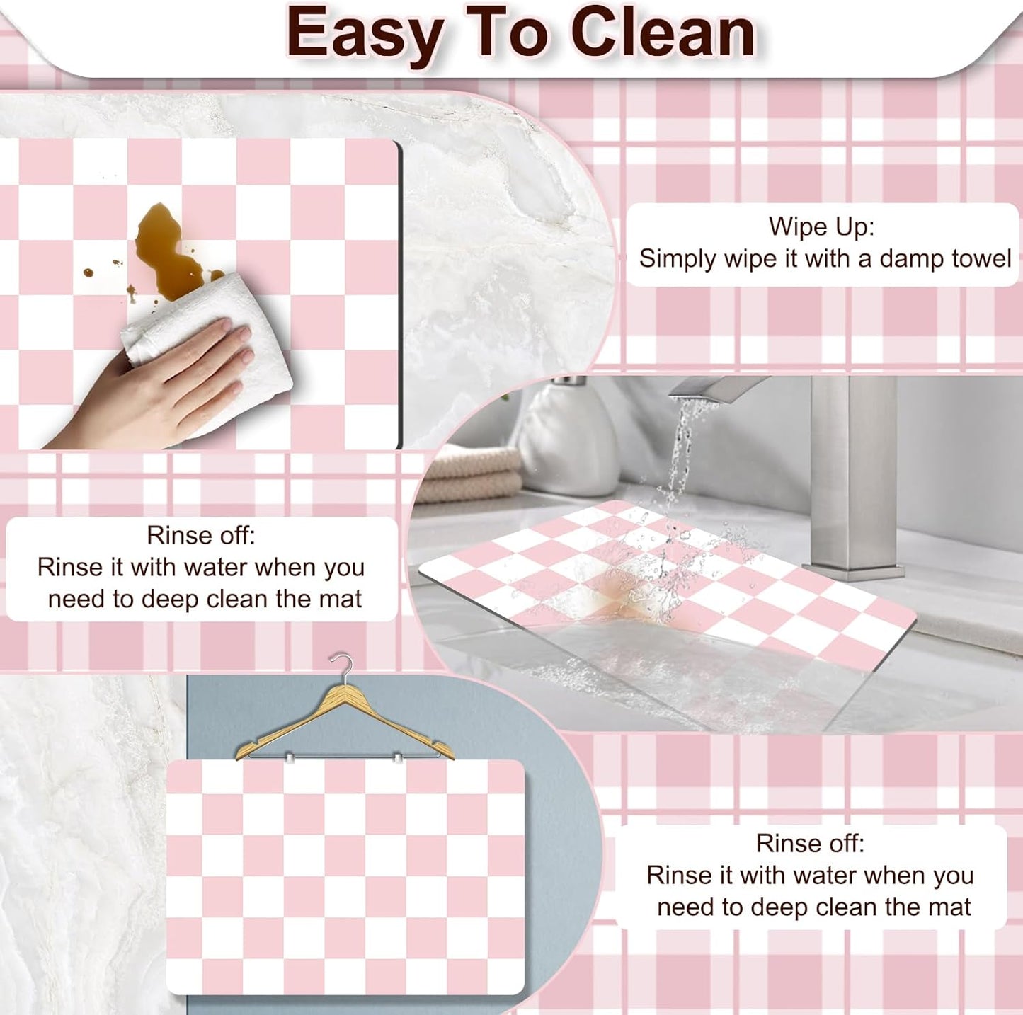 Dish Drying Mat for Kitchen, 15.7’’ X 17.7’’ Coffee Bar Mats for Countertop Fit Under Coffee Maker, Checkered Drying Mat, Hide Stain Rubber Backed Espresso Machine Absorbent Drying Pad, Pink & White