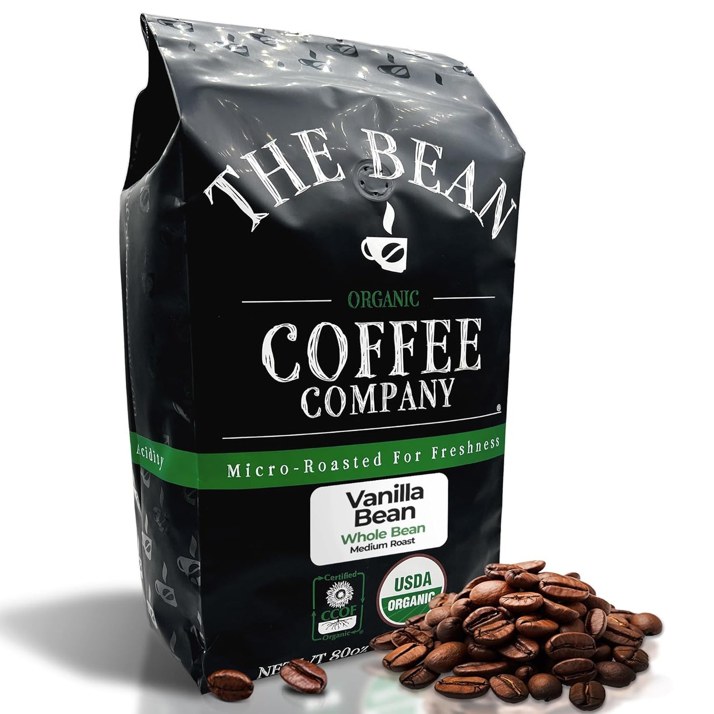 The Bean Organic Coffee Company Vanilla Bean, Medium Roast, Whole Bean Coffee, 5-Pound Bag