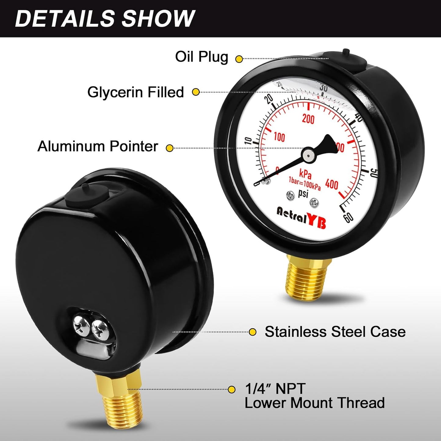 60 Psi 304 Stainless Steel,Glycerin Filled, 2.5" Dial, 1/4" NPT Lower Mount, Pool Pump Pressure Gauge Replacement for Swimming Pool, Spa and Aquarium Valve Filter, IP67 Waterproof