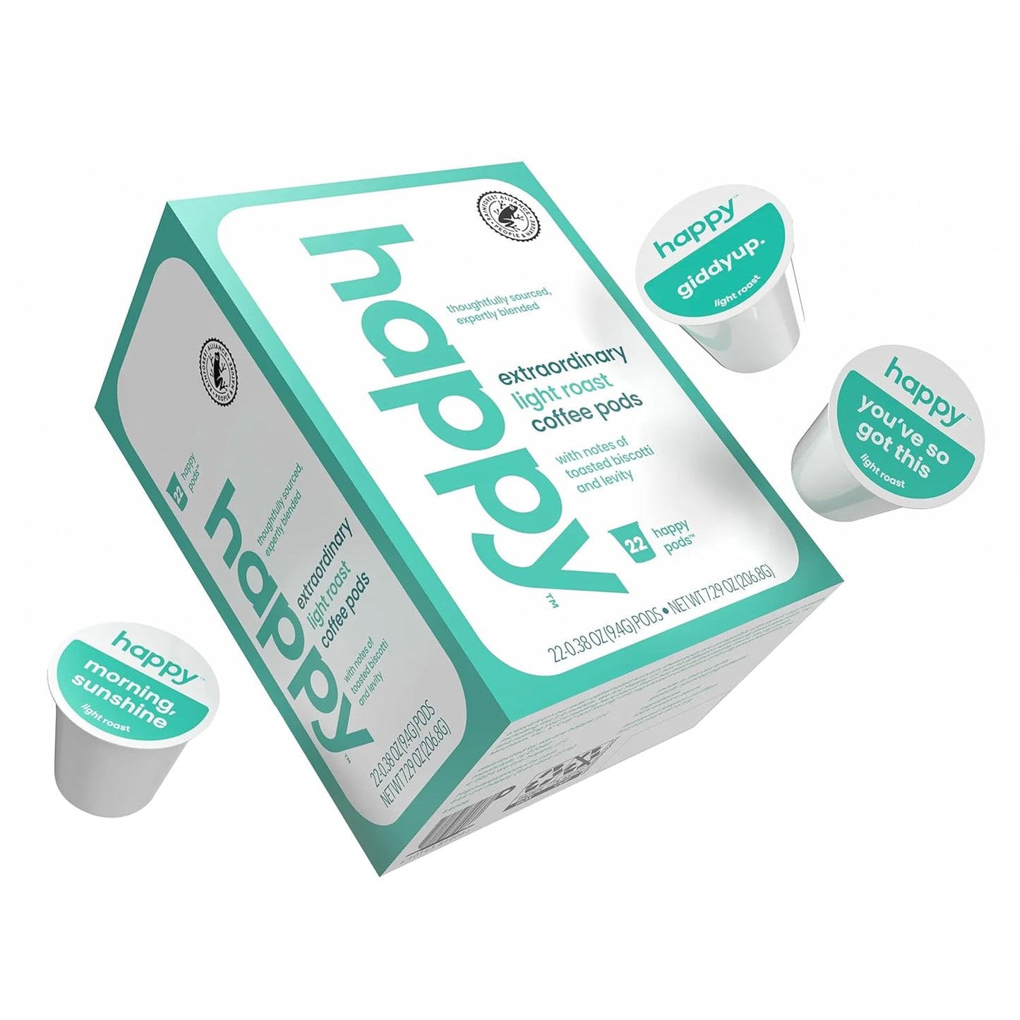 happy coffee light roast coffee pods, 22 count, notes of toasted biscotti and levity, compatible with most K-cup brewers, rainforest alliance certified