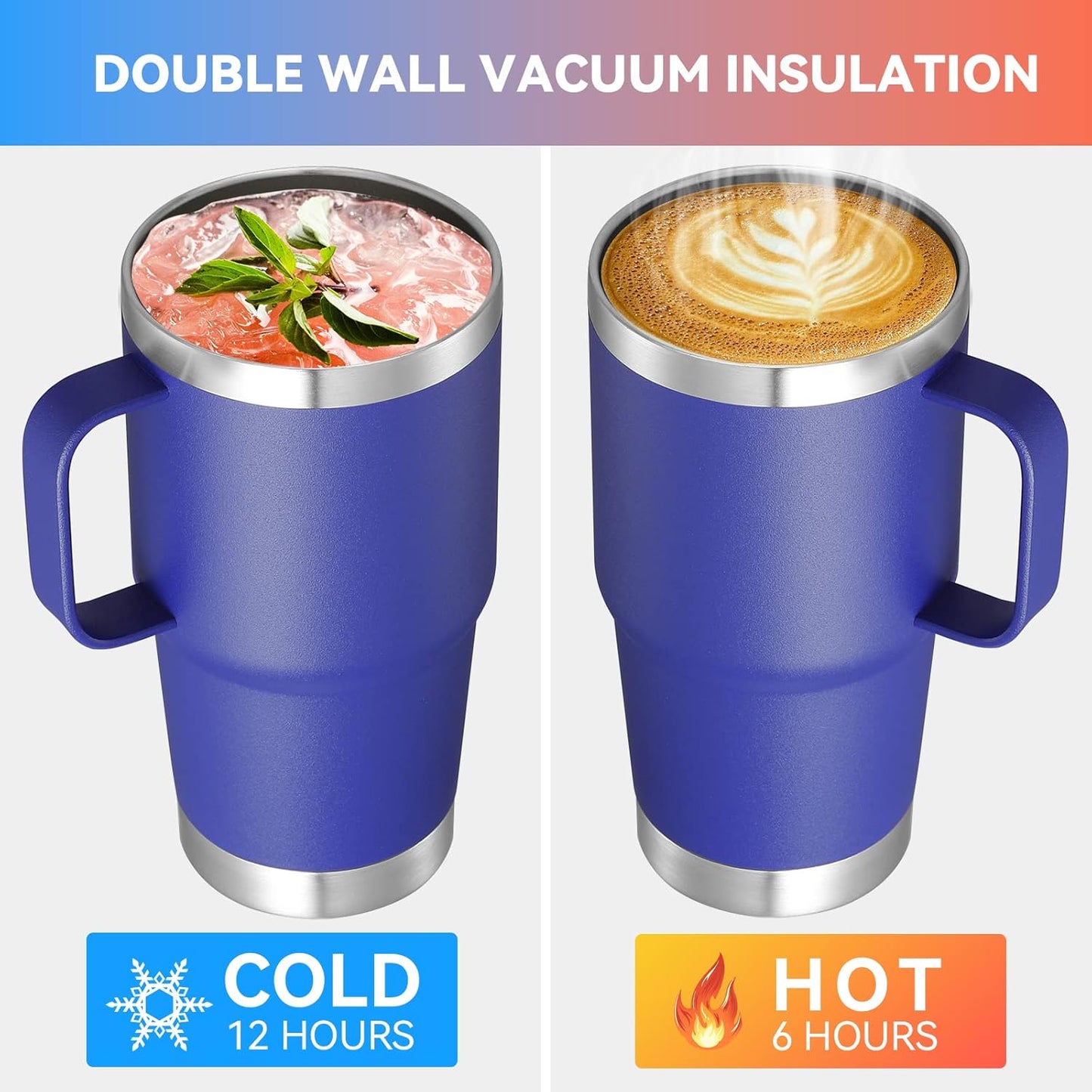 VEGOND 20 oz Tumbler Bulk with Handle Lid and Straw, Stainless Steel Insulated Travel Coffee Mug Set, Spill Proof Double Wall Metal Tumblers Cups, Royal Blue 6 Pack