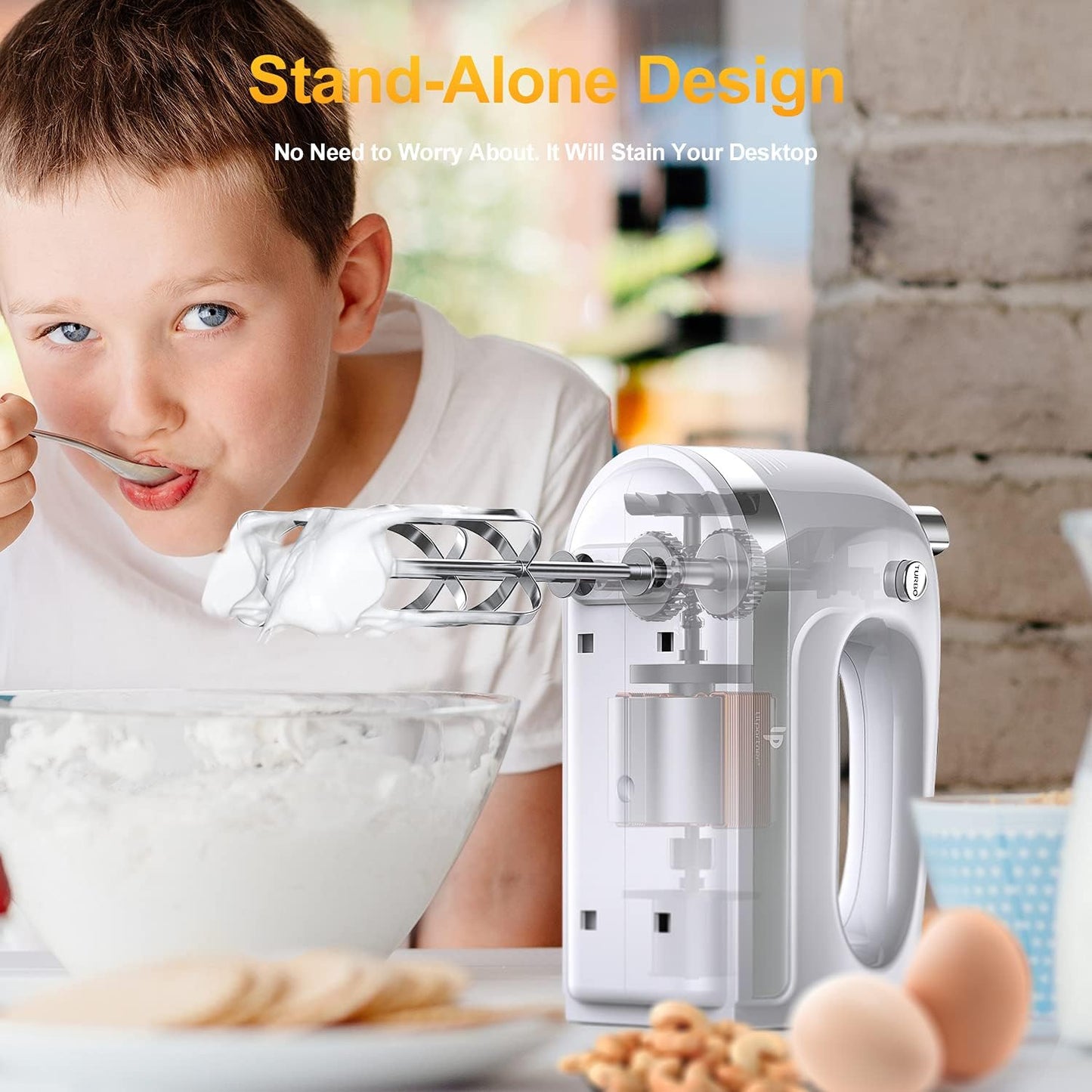 Hand Mixer Electric, 400W Food Mixer 5 Speeds Handheld Blender, 5 Stainless Steel Accessories, Storage Box, Kitchen Blender with Cord for Cream, Cookies, Dishwasher Safe, White