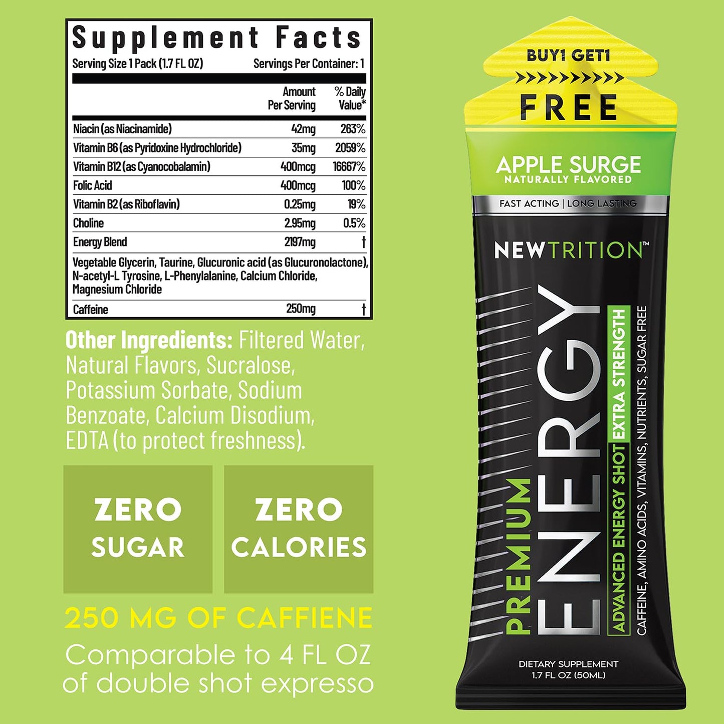 NewTrition® Extra Strength Energy Shots, 250mg Caffeine Energy Shots with Vitamin B & Amino Acids, Sugar-Free Vitamin Energy Shot, 1.7 fl oz (Pack of 24, 4 Flavors-Mixed-2)