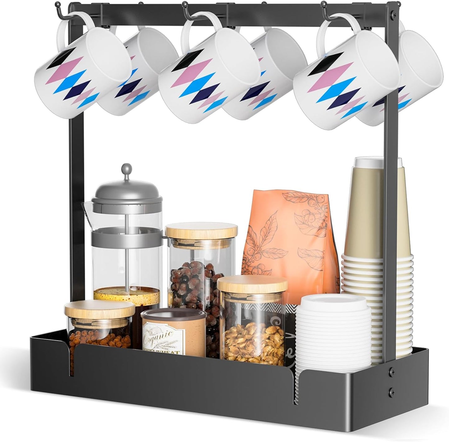 RCHYFEED Coffee Mug Holder Organizer with Movable Hooks, Coffee Cup Holder for Countertop, Metal Coffee Mug Tree Stand with Storage Basket, Cups Mug Rack for K Cup Pod Coffee Bar Kitchen, Black