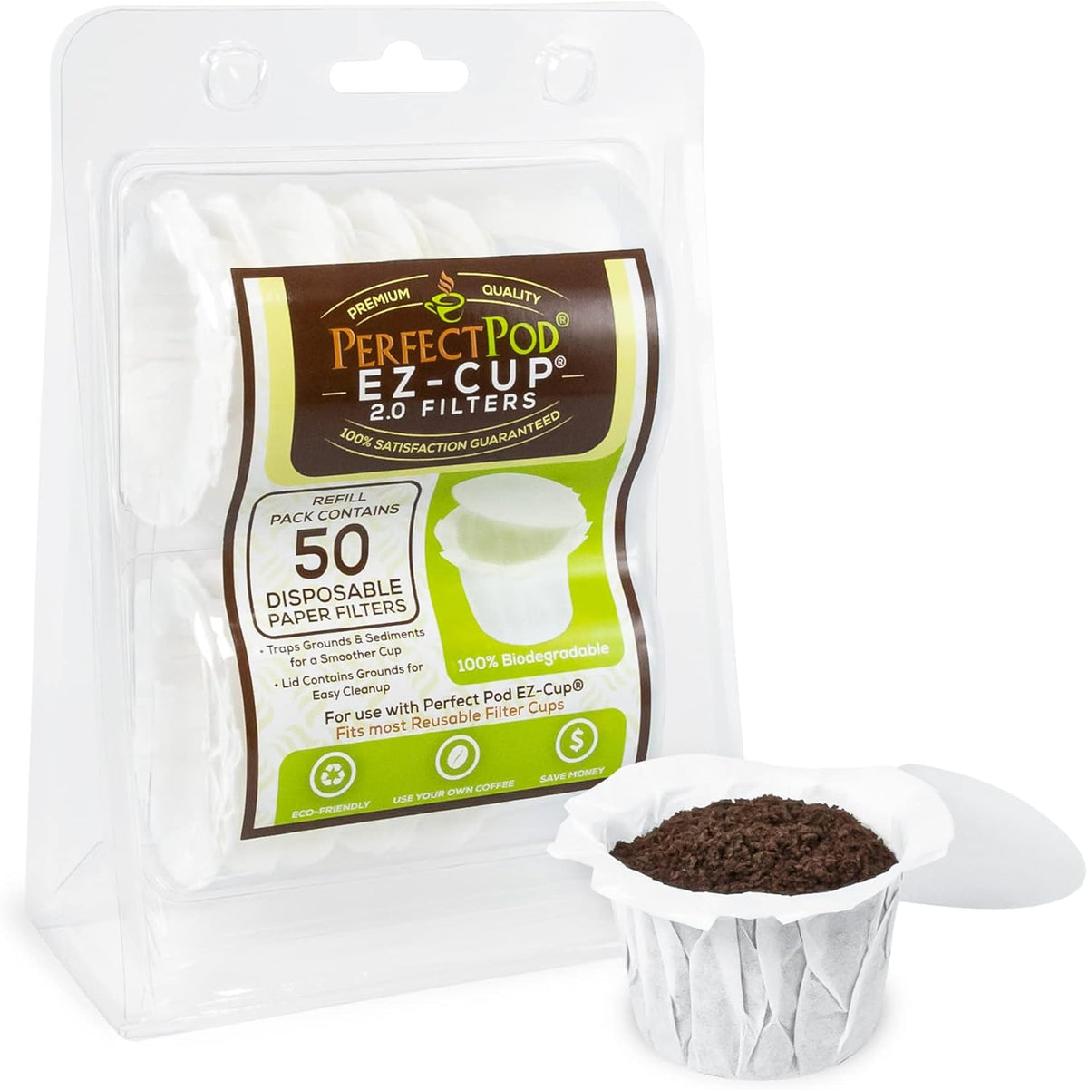 Perfect Pod EZ-Cup Disposable Paper Filters with Patented Lid Design for Reusable Coffee Pods - 4 Pack (200 Filters)