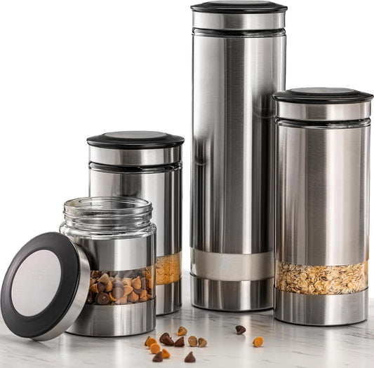 Le'raze Airtight Food Storage Container for Kitchen Counter with Window, [Set of 4] Canister Set Ideal for Flour Tea, Sugar, Coffee, Candy, Cookie Jar