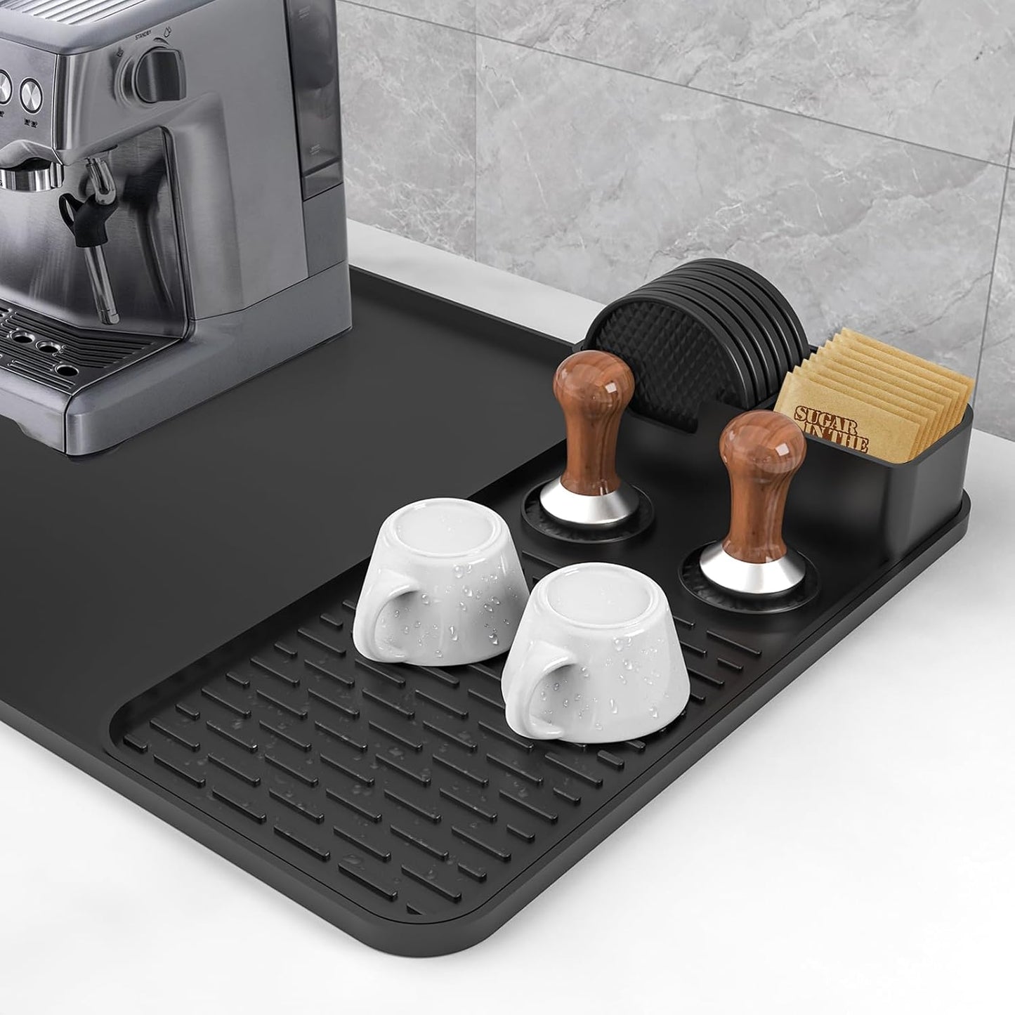 24''x16'' Silicone Coffee Mat with 6PCS Coasters,Counter Bar Mat with Detachable Dish Drying Mat for Kitchen Countertops,Coffee Bar Accessories (Black, 24 x 16 inches)