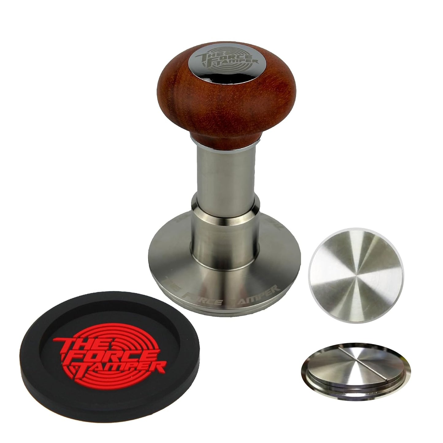 The Force Tamper Automatic Impact Adjustable Constant Pressure and Autoleveling Coffee Tamper Reddish Brown Jellyfish Wooden Handle Set Pro (Flat-Distribute Set, 54.00mm)