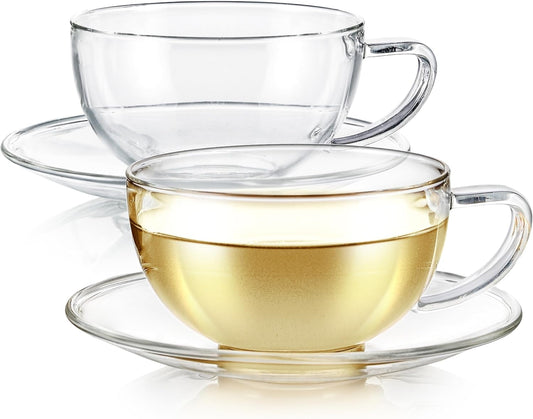 Teabloom Kyoto Teacup and Saucer Set 2-Pack – Standard Teacup Size – 6 OZ/ 180 ML Capacity – Crystal Clear Design –– Premium Borosilicate Glass – Heat Resistant, Microwave Safe
