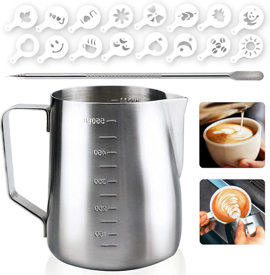 Milk Frothing Pitcher Steaming Pitchers Stainless Steel Milk/Coffee/Latte/Cappuccino Steam Pitchers Milk Jug Cup (600ml/20oz Set)