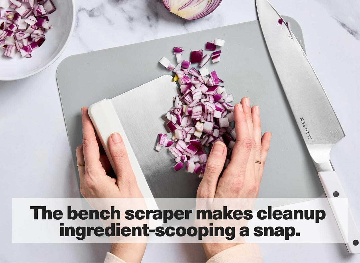 Misen Stainless Steel Bench Scraper - Versatile Food Scraper with Walnut Handle - Ideal for Kitchen, Pastry & Dough - Durable Cutting Board Scraper Tool - Effortless Transfer into Pots & Pans - Red