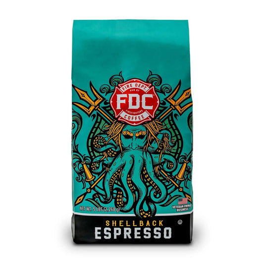 Fire Department Coffee - Gives Back to Firefighters - Bold & Smooth Shellback Espresso Coffee Beans - Roasted in the USA - Premium Espresso Beans - Veteran Owned - Bulk 5 LB