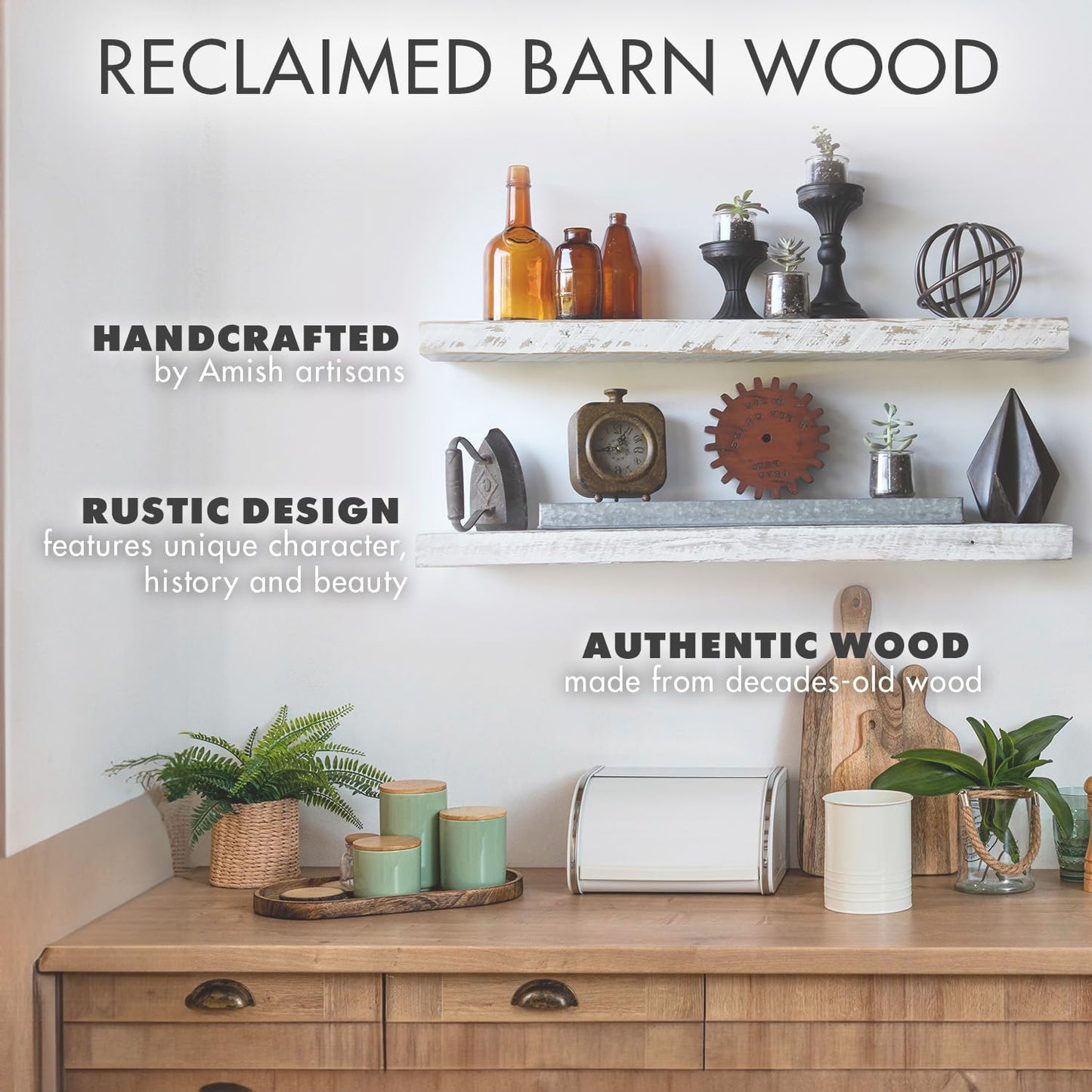 Urban Legacy Reclaimed Barnwood Planks | Floating Shelves for Wall w/Flush Mount Shelf Bracket Set Included | Set of 2 (White Wash, 18"x 4.5"x 2")