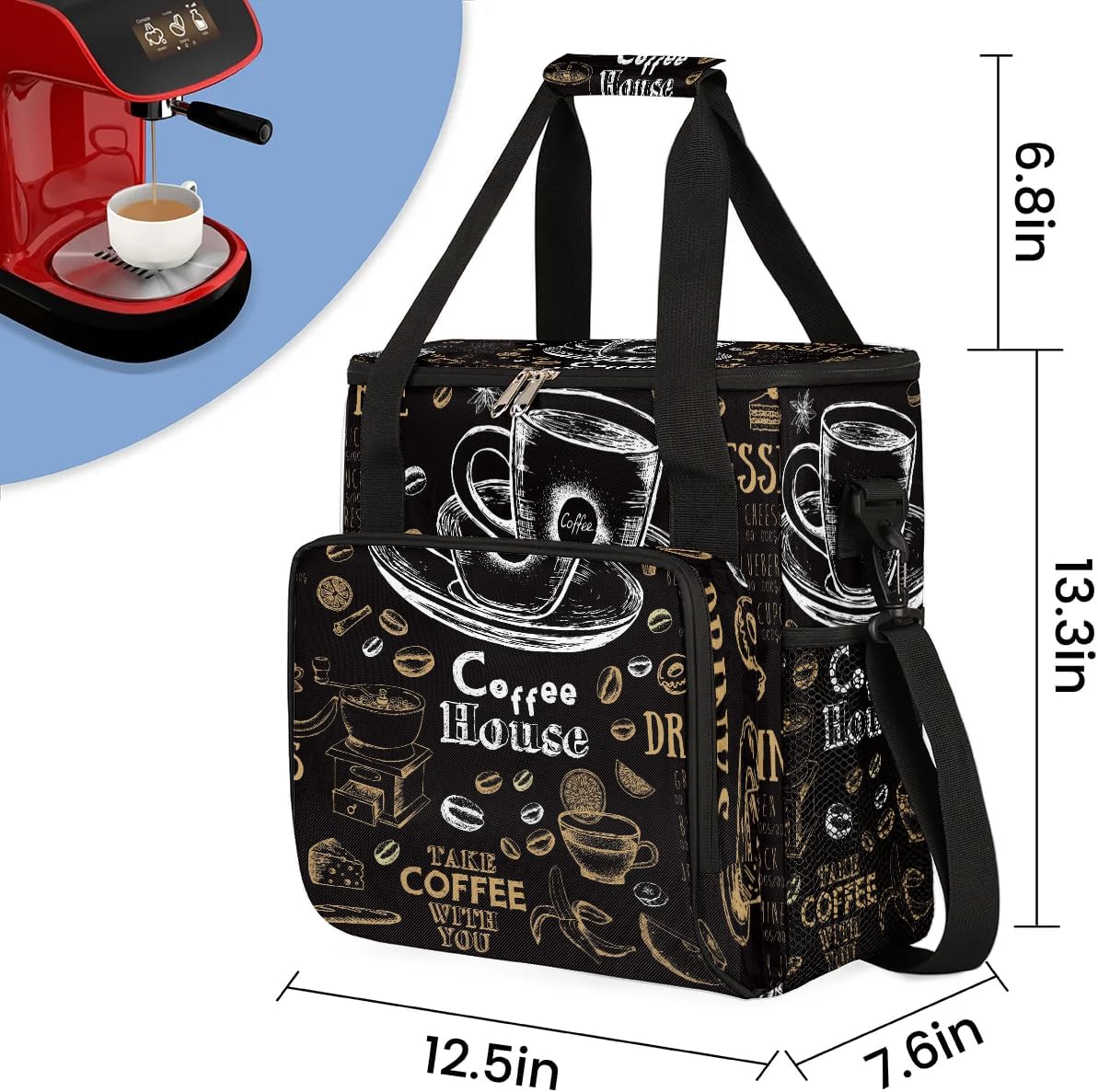 coffee cups beans bread Coffee Maker Carring Bag Travel Carrying Storage Tote Bag Compatible with Keurig K-Mini or K-Mini Plus Portable Single Serve Coffee Brewer Case with Pockets for K-cup Pods