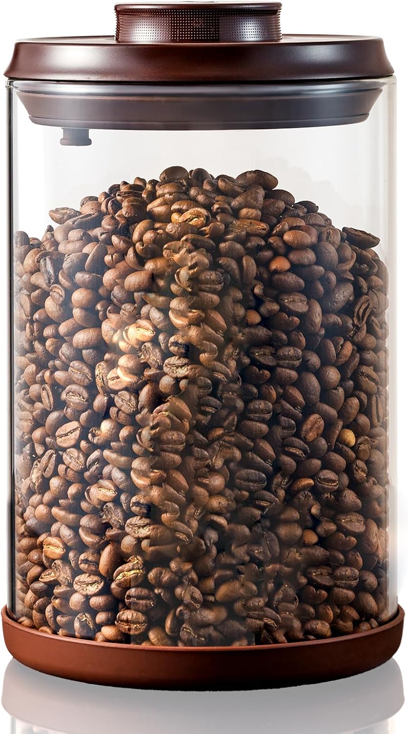 Coffee Canister, 2000ml Borosilicate Glass Airtight Coffee Containers for Ground Coffee with CO2-Release Valve - Large, 21 oz, Brown