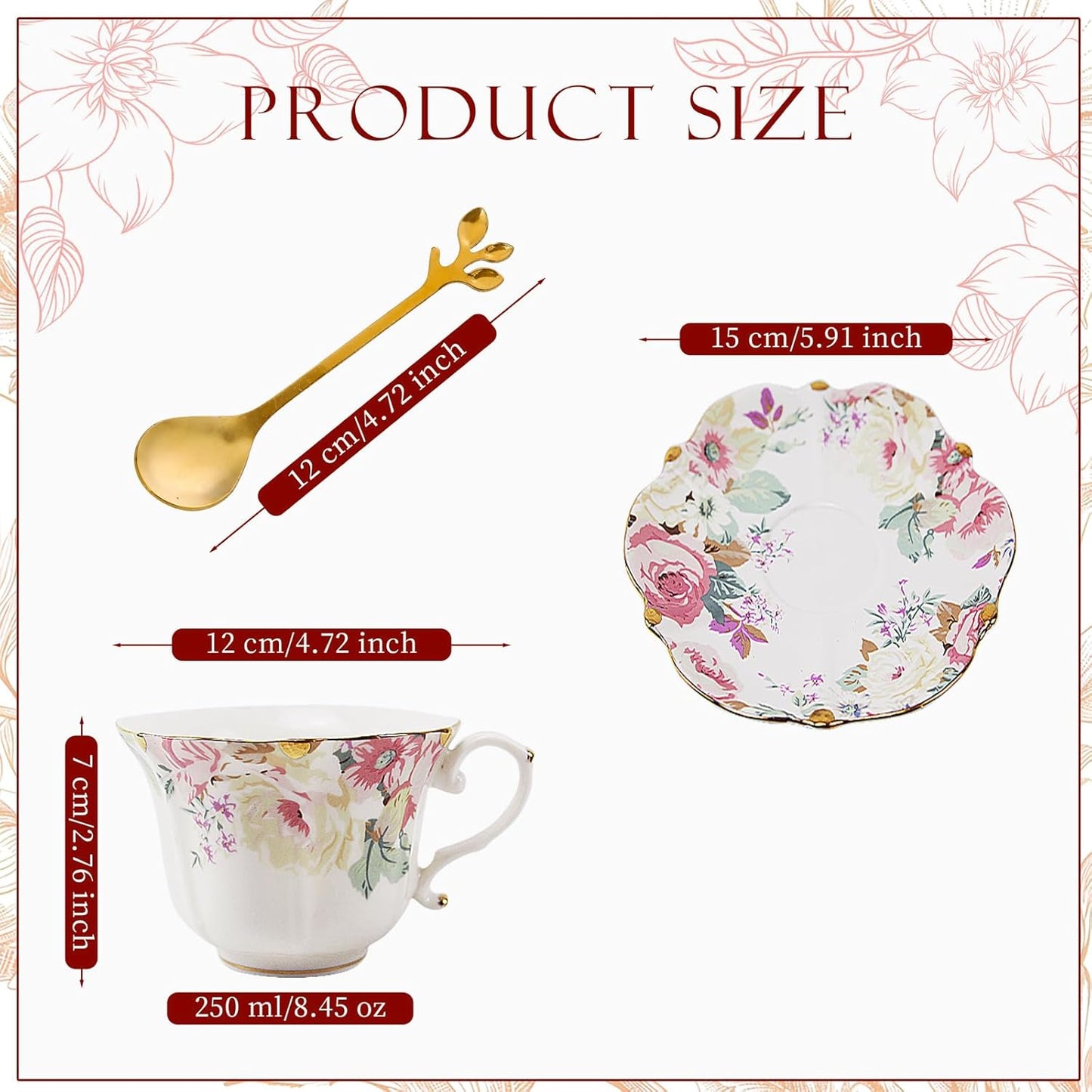 TATSUMI Country Roses Bone China Tea Cup and Saucer Set, 6 Pieces, Vintage Style, For Women and Tea Parties(Pink,2 Set)