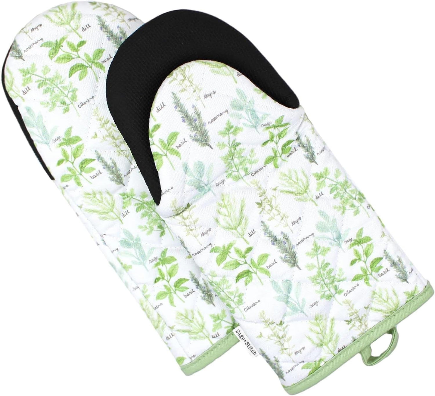 Heat Resistant Designer Kitchen Oven Mitts with Neoprene Non-Slip Grips and Hanging Loops | Set of 2 100% Cotton Long Sleeve Kitchen Oven Mitts | 5.5" x 12" | Green Herbs