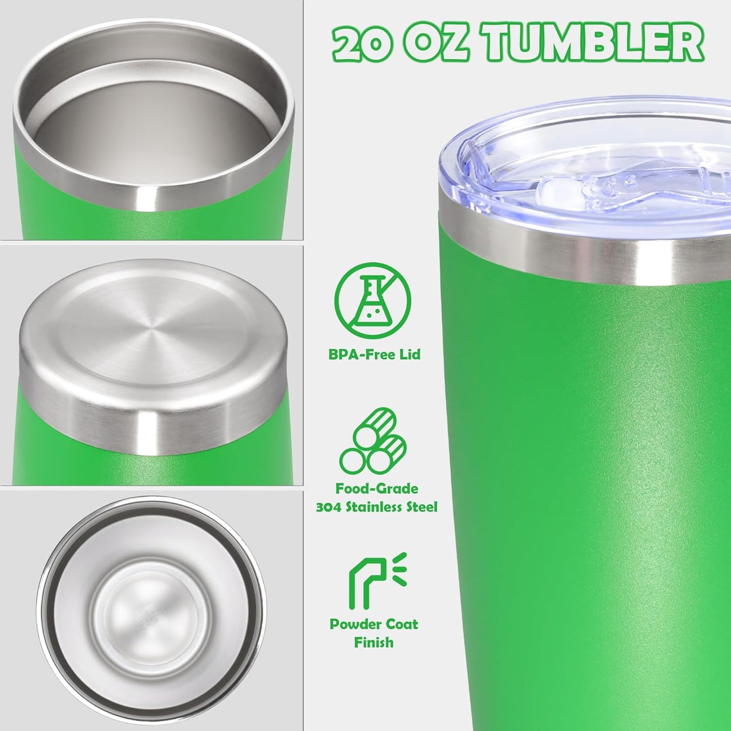 20oz Tumbler Stainless Steel Tumbler Cup with Lid Vacuum Insulated Double Wall Travel Mug, Durable Powder Coated Travel Coffee Tumbler Mug for Hot & Cold Drinks, Green,4 Pack
