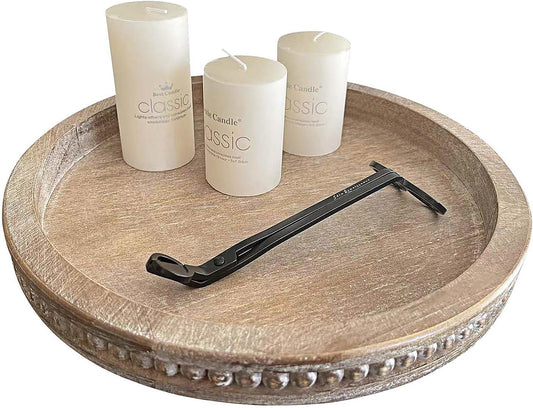 Round Wood Decorative Tray - Brown Washed Bead Tray for Coffee Table Wood Serving Tray Wooden Trays Decor Kitchen Counter Circle Tray Vintage Centerpiece for Living Room Candle Holder (15.75 inch)
