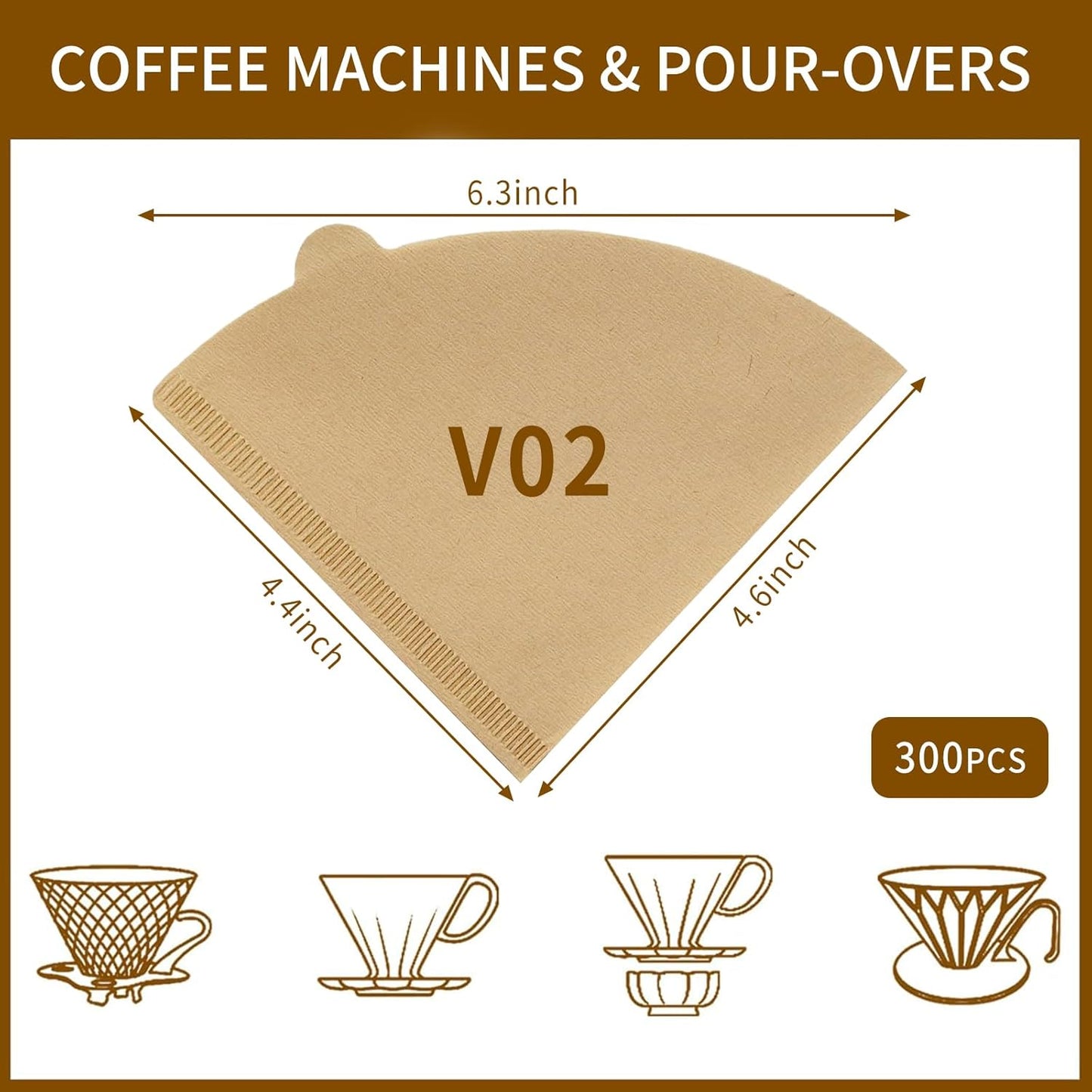 V60 Coffee Filters, 300 Count Size 02 Pour Over Coffee Filter, 1-4 Cups Disposable Cone Paper Coffee Filters 2， Compatible with Conical Shaped Dripper and Drip Coffee Maker (Natural)