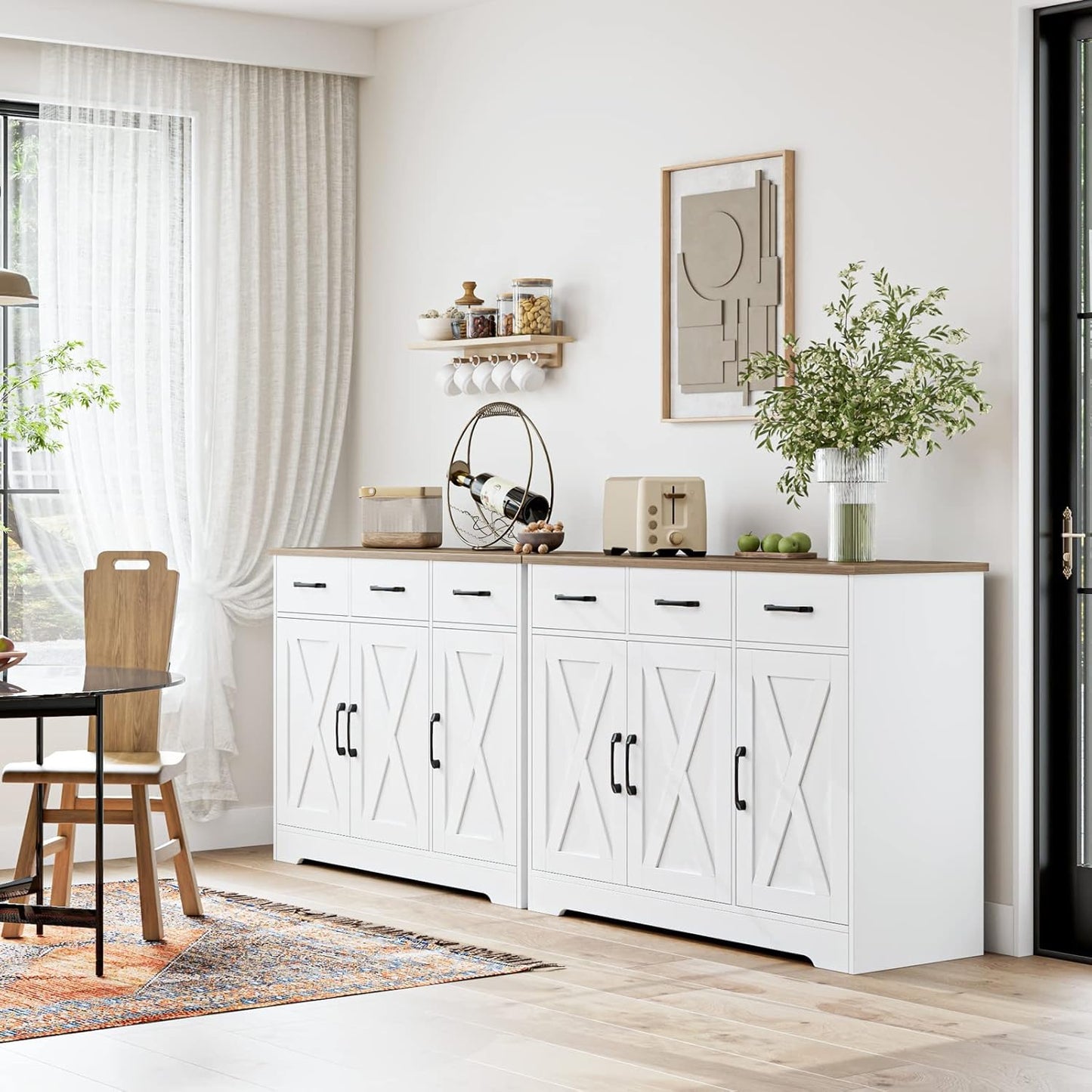 HOSTACK Modern Farmhouse Sideboard Buffet Cabinet, Barn Doors Buffet Storage Cabinet with Drawers and Shelves, Wood Coffee Bar with Storage for Kitchen, Dining Room, Living Room, White
