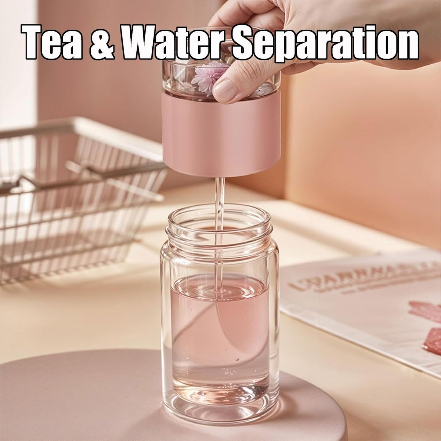 Tryteava Glass Infuser, Tryteava 3-in-1 Smart Tea Infuser, Portable Glass Double Wall Tea Infusers Bottle, with Stainless Steel Filter, Hot & Cold Brew, For Loose Leaf, Office Home (Pink, 350ml)