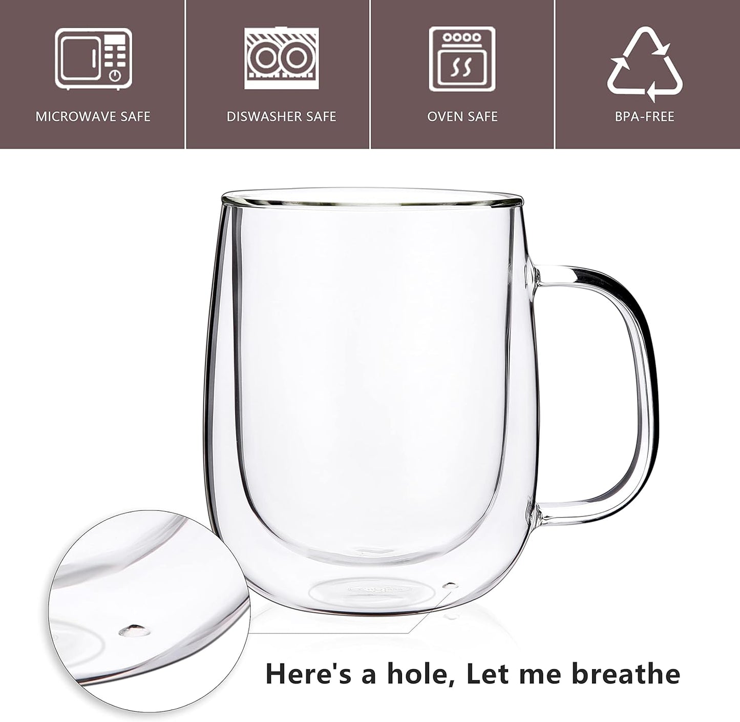 CNGLASS Large Double Wall Glass Coffee Mug 15.2oz,Clear Insulated Glass Espresso Cup with Big Handle,Clear Glass Espresso Mugs for Latte,Cappuccino,Tea Bag,Hot and Cold Beverages,set of 4
