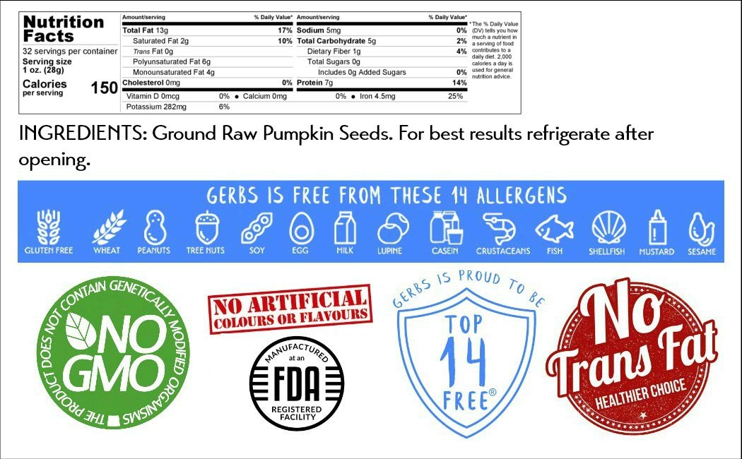 Gerbs Ground Pumpkin Seed Meal, 2 LBS - Top 14 Food Allergy Free & NON GMO - Vegan & Keto Safe – Cold Milled Full Oil Seed Protein Powder