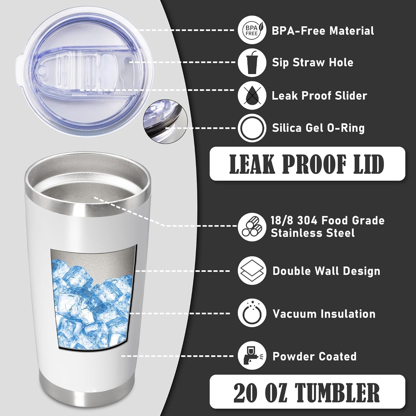 20 oz Tumbler Coffee Tavel Tumblers Bulk with Lid Stainless Steel Double Wall Vacuum Insulated Mug Powder Coated Cups fit Car Cupholder for Hot and Cold - White, 12Pack