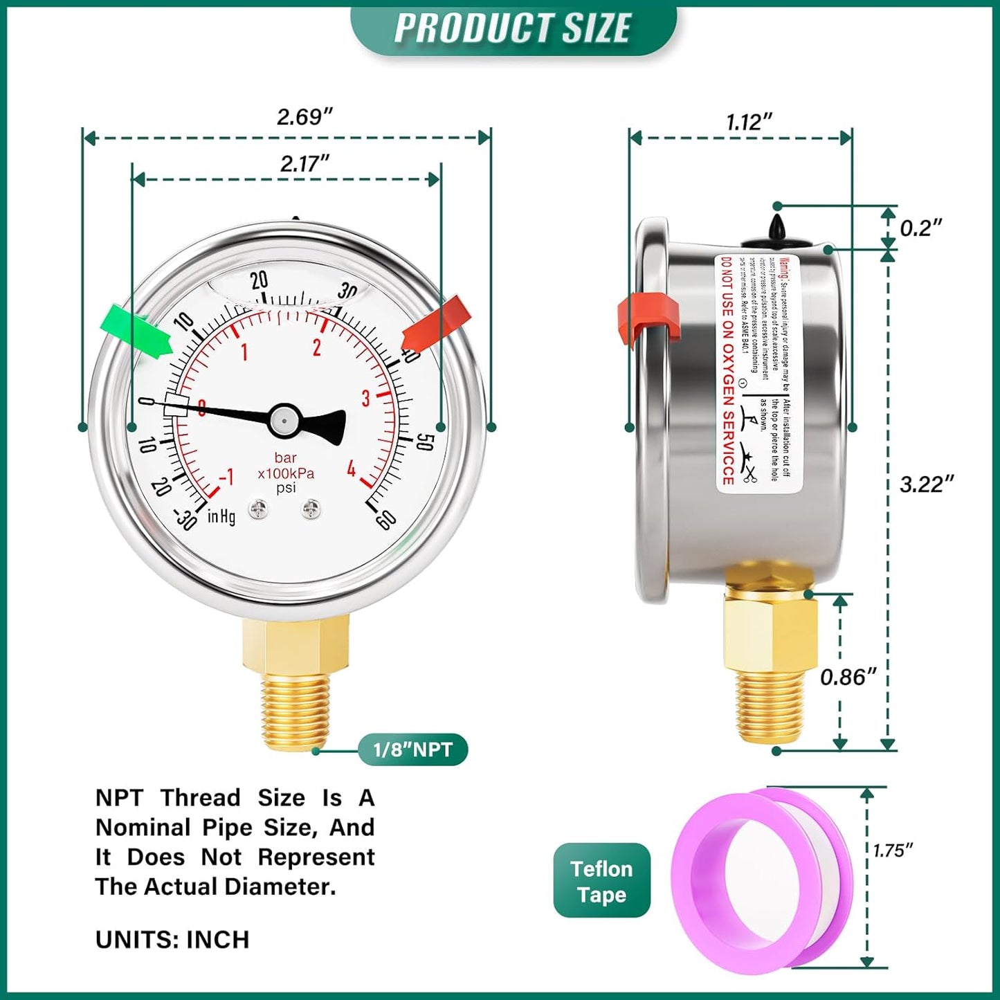 '-30inHG-60PSI Stainless Steel Liquid Filled Pressure Gauge, 2.5" Dial Size, 1/8" NPT Lower Mount, for Tube, Water Pump, Gas, Liquid, Pressure Test (with Range Mark Pointer)