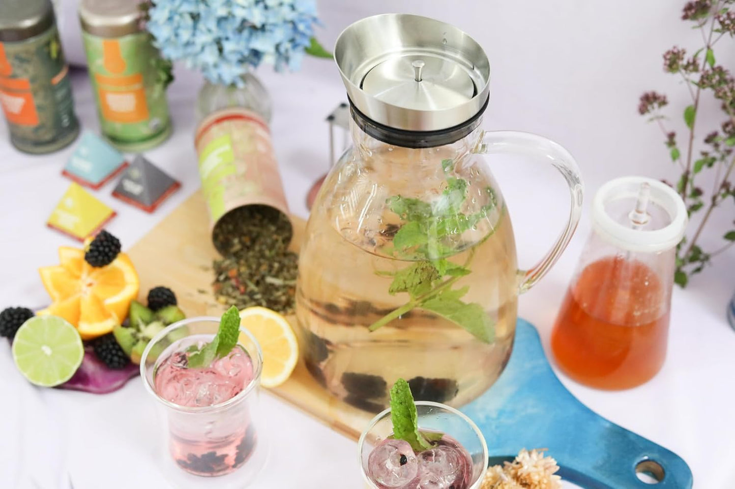 Teabloom Extra-Large Multi-Brew Borosilicate Glass Teapot + Kettle + Pitcher (85 OZ / 2.5 L / 10 CUPS) – Brew and Serve Hot Tea, Iced Tea, Cold Brew Tea and Fruit Infused Water – Solstice Tea Maker